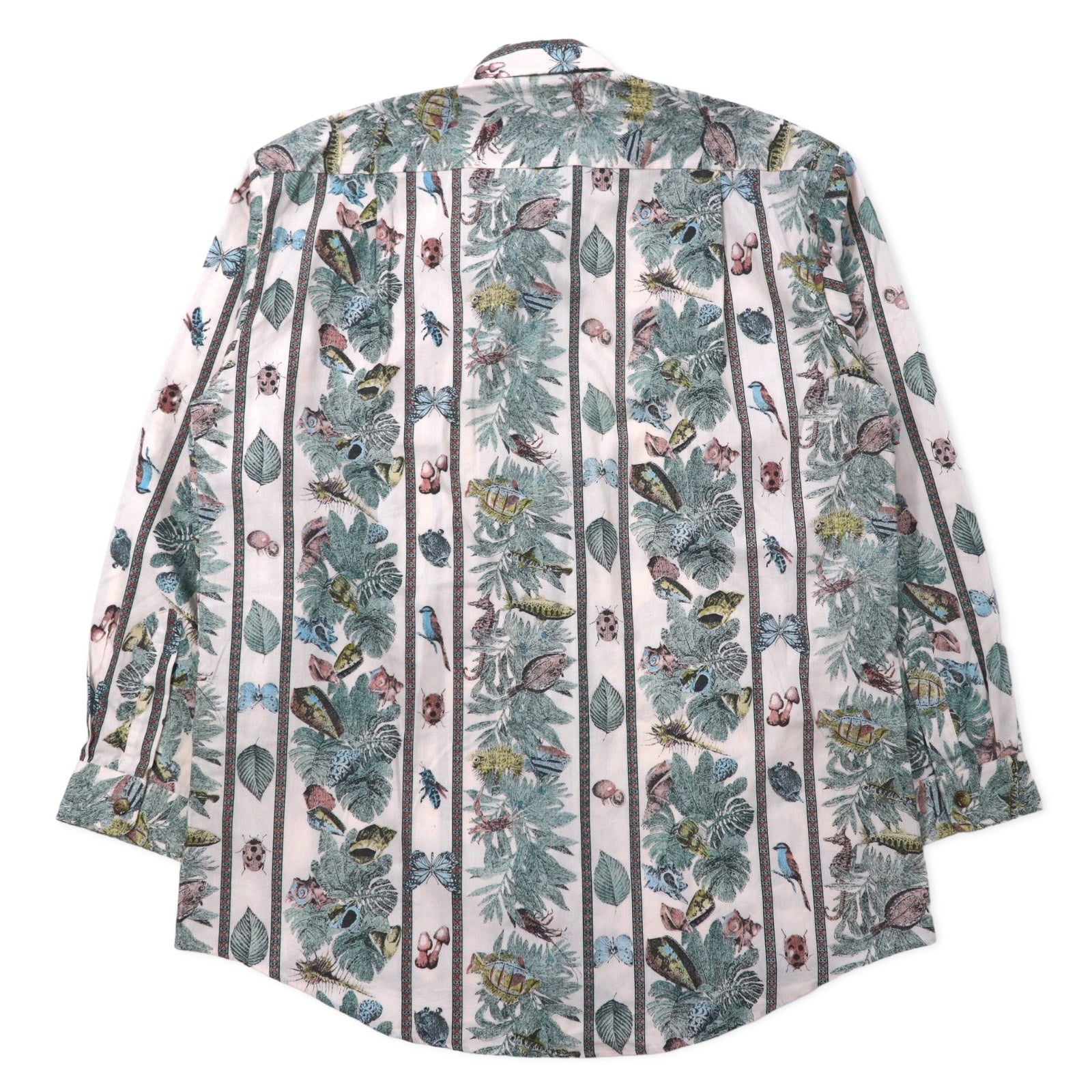 FUSION Camicia elegante fantasia L bianca a righe cotone pesce insetti botanica Made in Japan