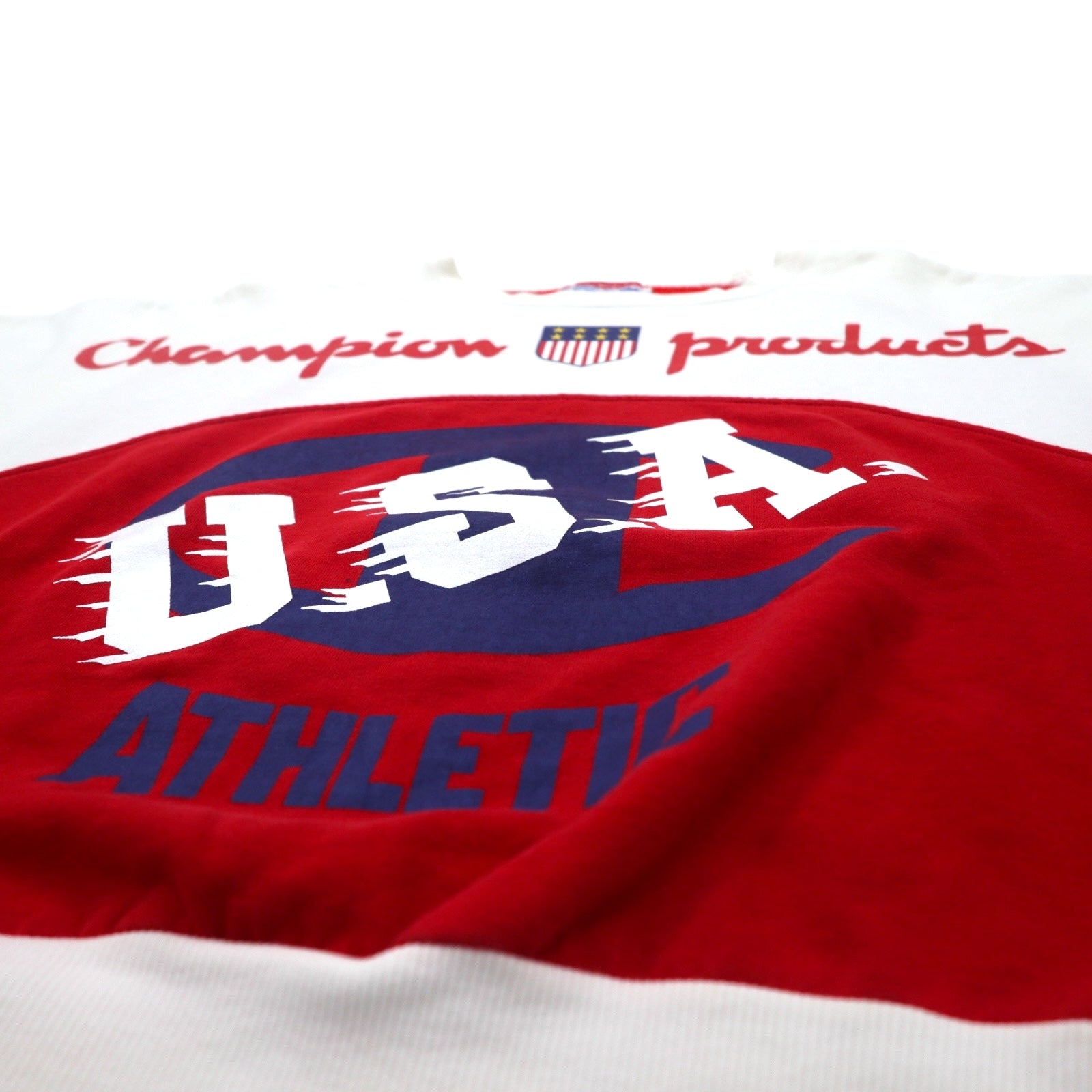 Champion products anni '90, felpa girocollo con spalle scese, taglia L, bianca e rossa, logo grande, stampa fronte/retro