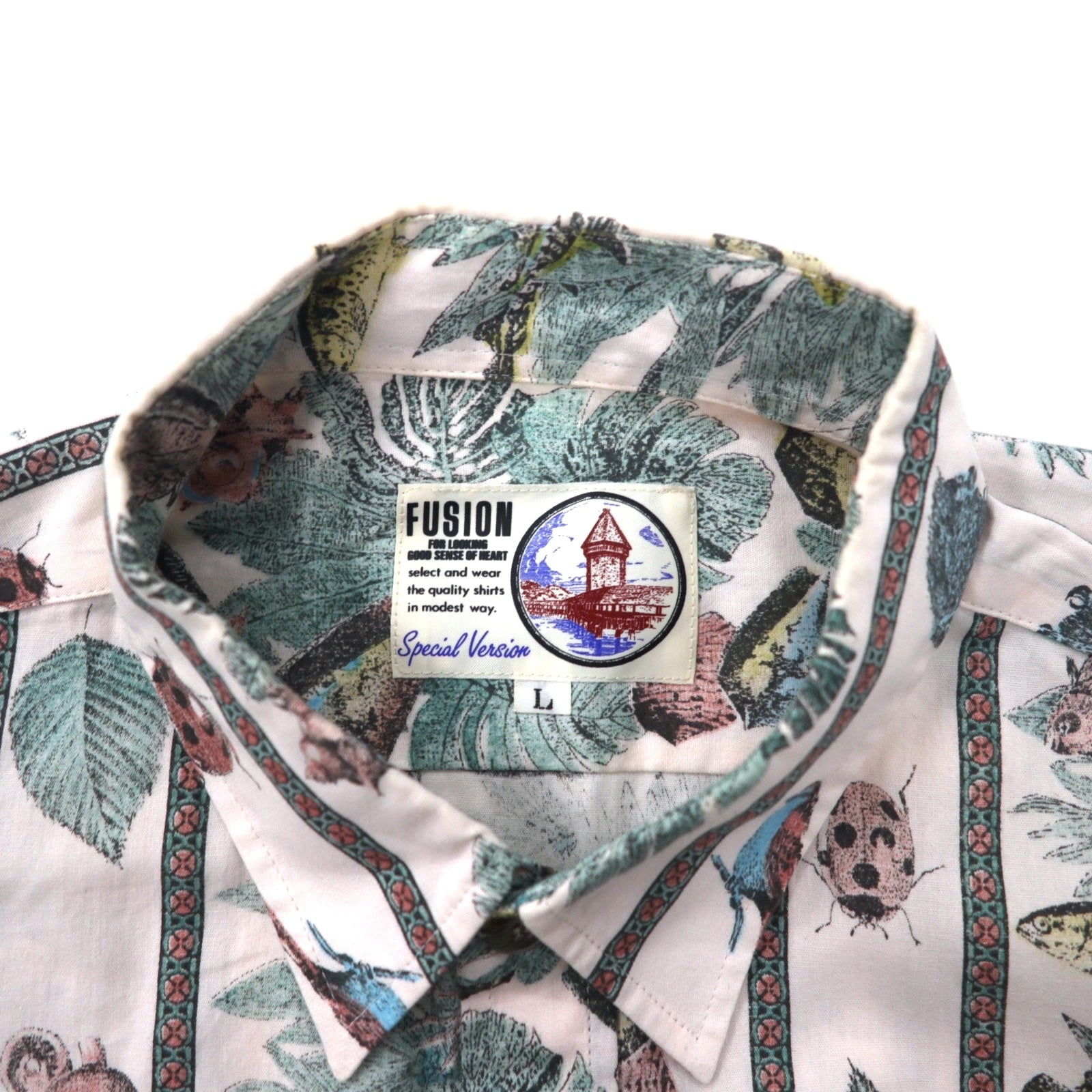 FUSION Camicia elegante fantasia L bianca a righe cotone pesce insetti botanica Made in Japan
