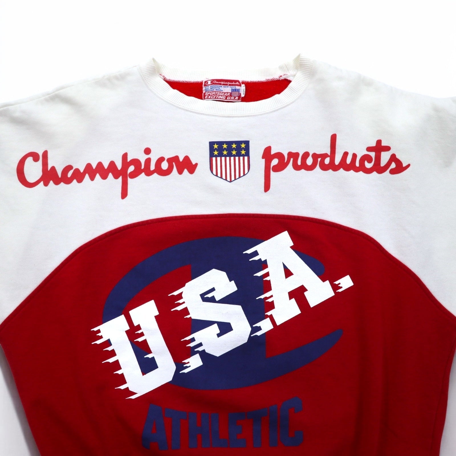 Champion products anni '90, felpa girocollo con spalle scese, taglia L, bianca e rossa, logo grande, stampa fronte/retro