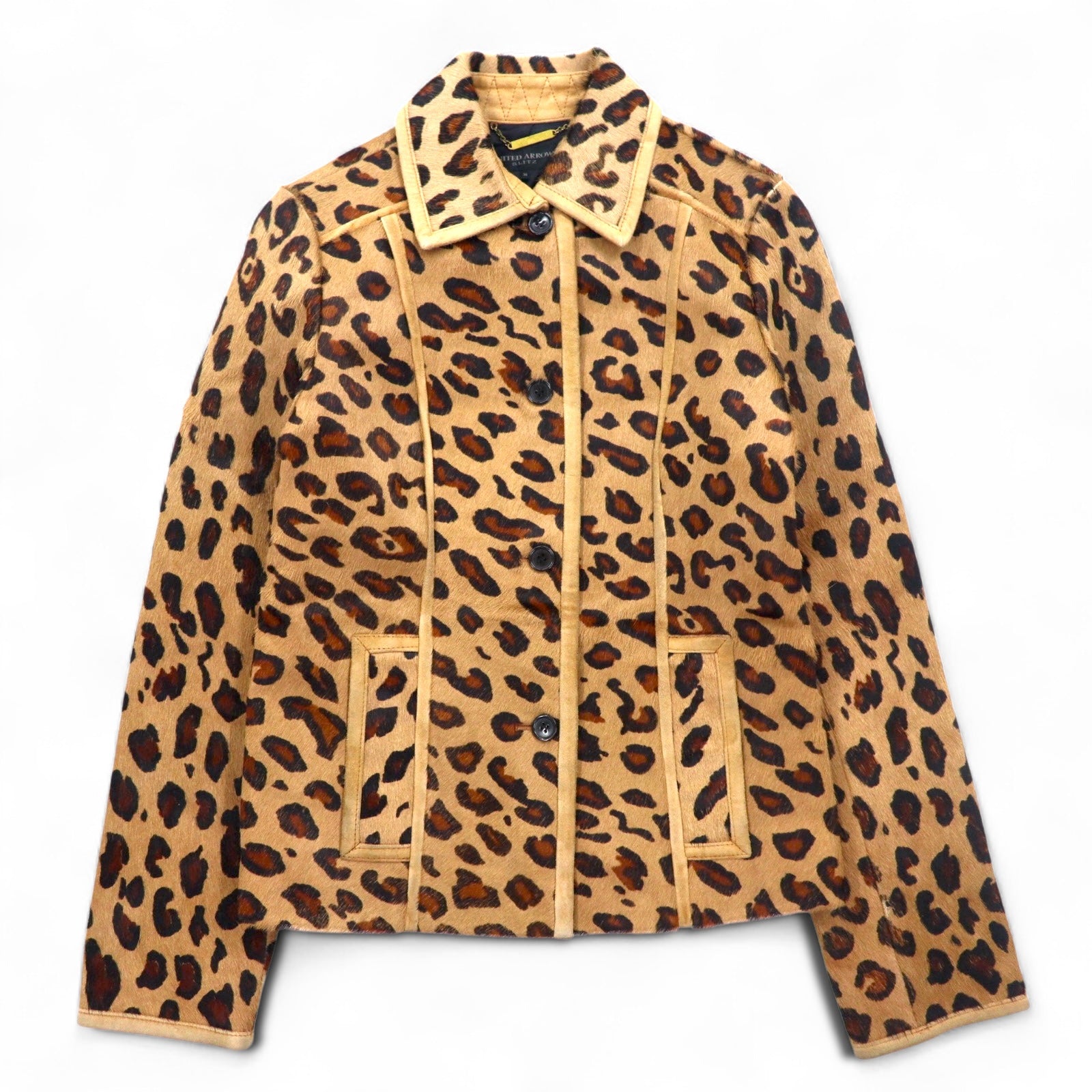 UNITED ARROWS SLITZ Giacca da motociclista in cavallino, taglia S, beige, leopardata, pelle bovina, stampa all-over animalier