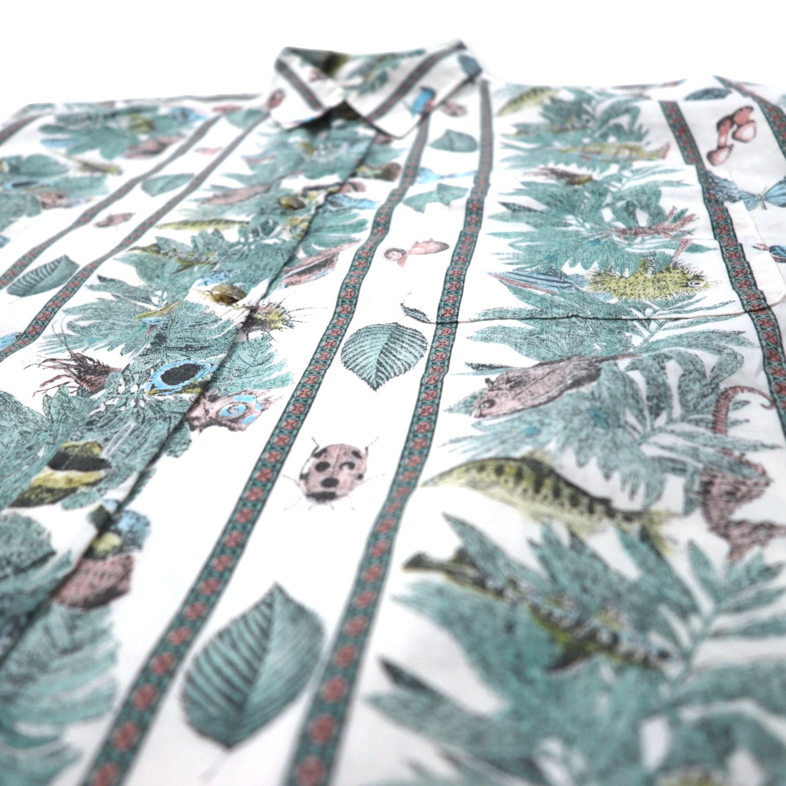 FUSION Camicia elegante fantasia L bianca a righe cotone pesce insetti botanica Made in Japan