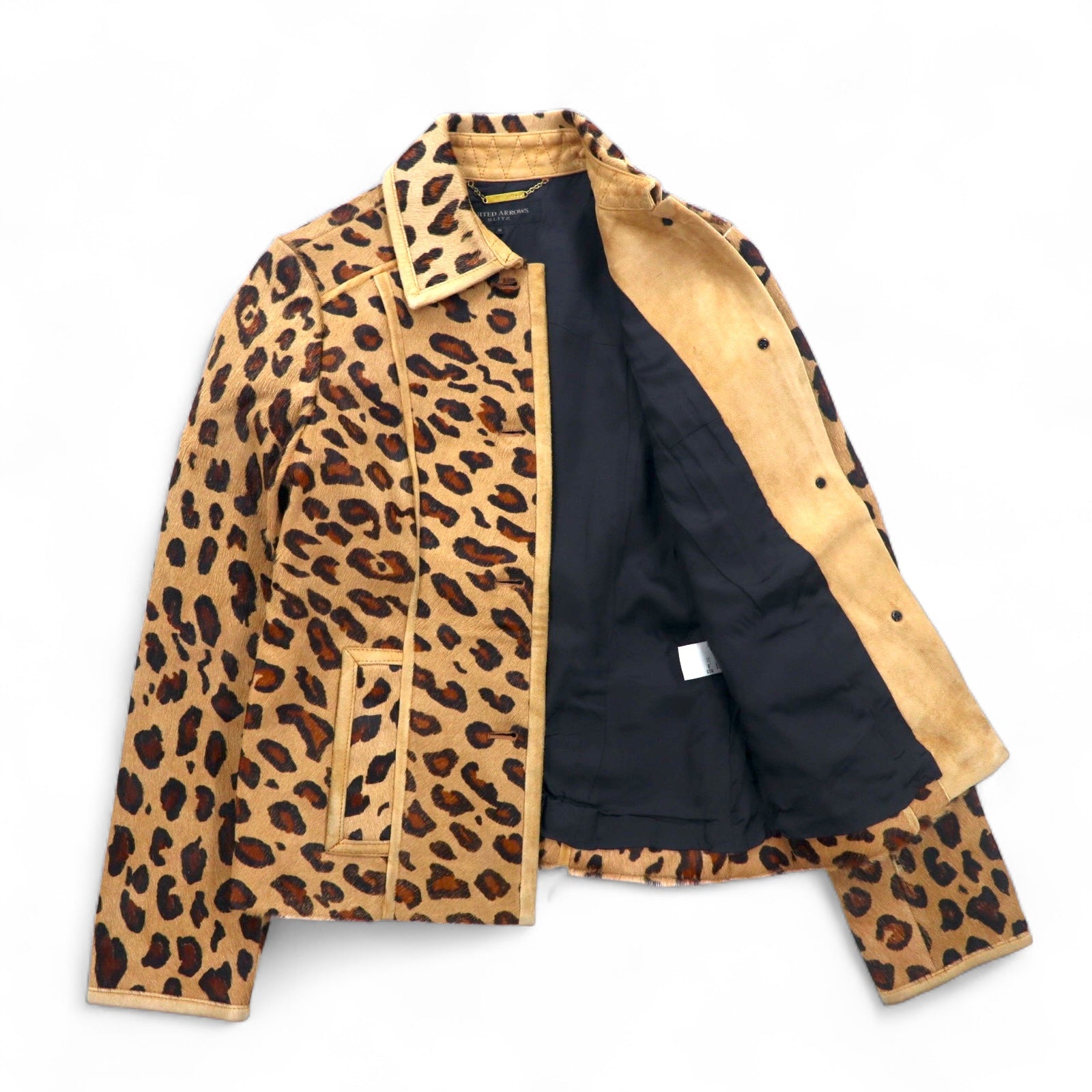 UNITED ARROWS SLITZ Giacca da motociclista in cavallino, taglia S, beige, leopardata, pelle bovina, stampa all-over animalier
