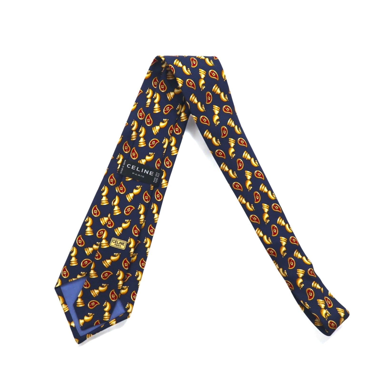 CELINE Cravatta blu navy in seta con motivo a scacchi, Made in Spain