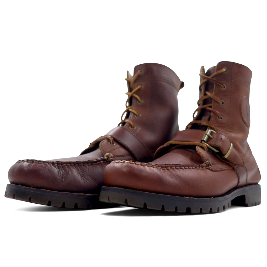 POLO RALPH LAUREN Stivali Ranger stringati 26.5cm marroni in pelle oliata con fibbia e logo