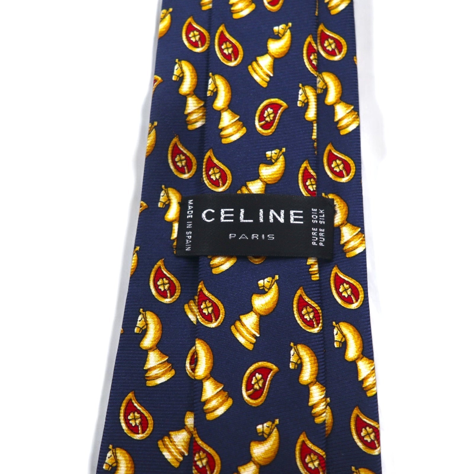 CELINE Cravatta blu navy in seta con motivo a scacchi, Made in Spain