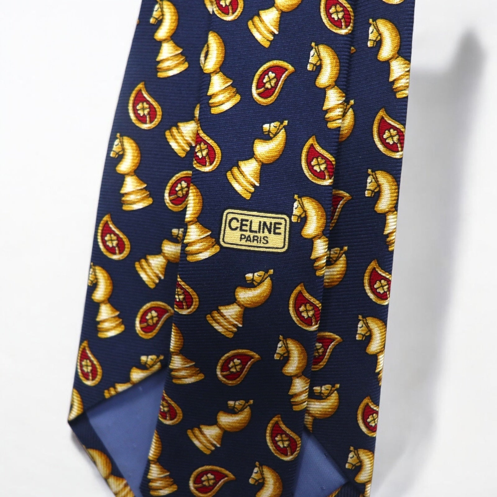 CELINE Cravatta blu navy in seta con motivo a scacchi, Made in Spain