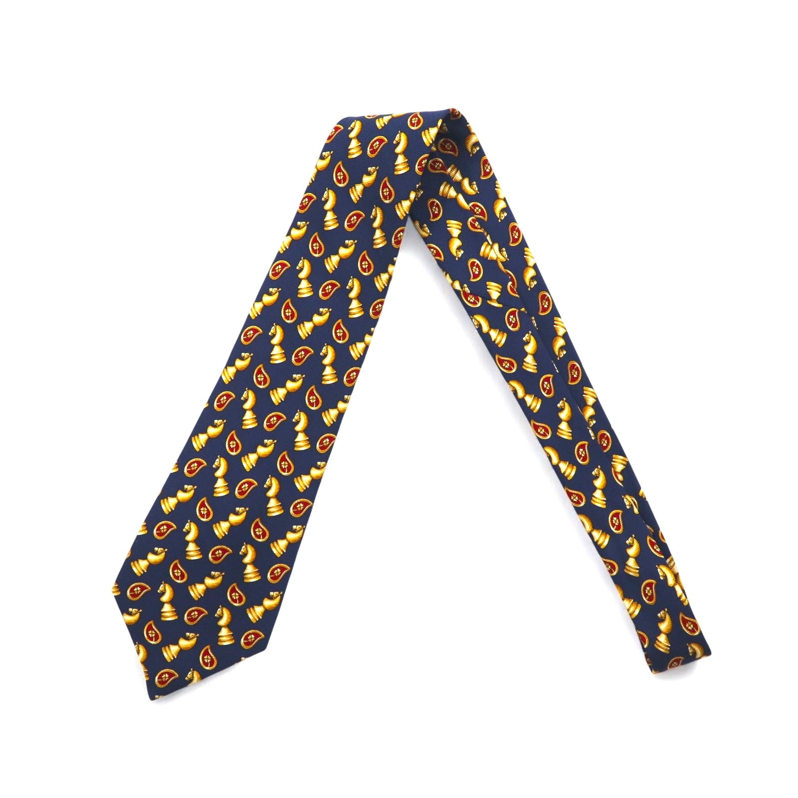 CELINE Cravatta blu navy in seta con motivo a scacchi, Made in Spain
