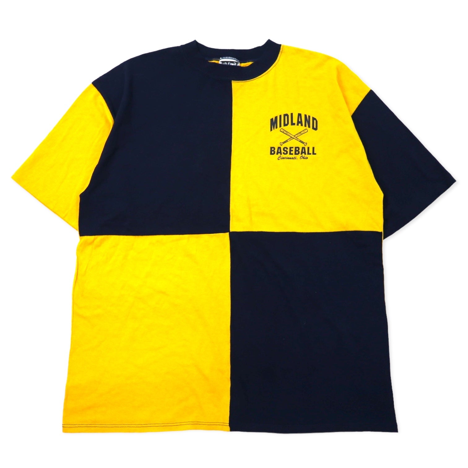 T-shirt con stampa da baseball WOLF, anni '90, Made in USA, XL, gialla e blu navy, cotone, MIDLAND BASEBALL, taglia grande