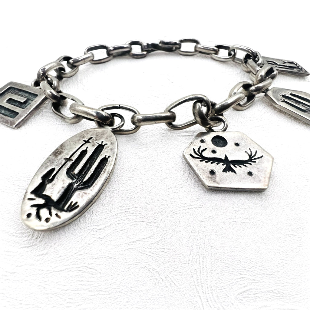 NAVAJO Gioielli indiani Timothy Lee Bracciale Navajo Argento Link Catena Sterling Stile Stampwork Tribale