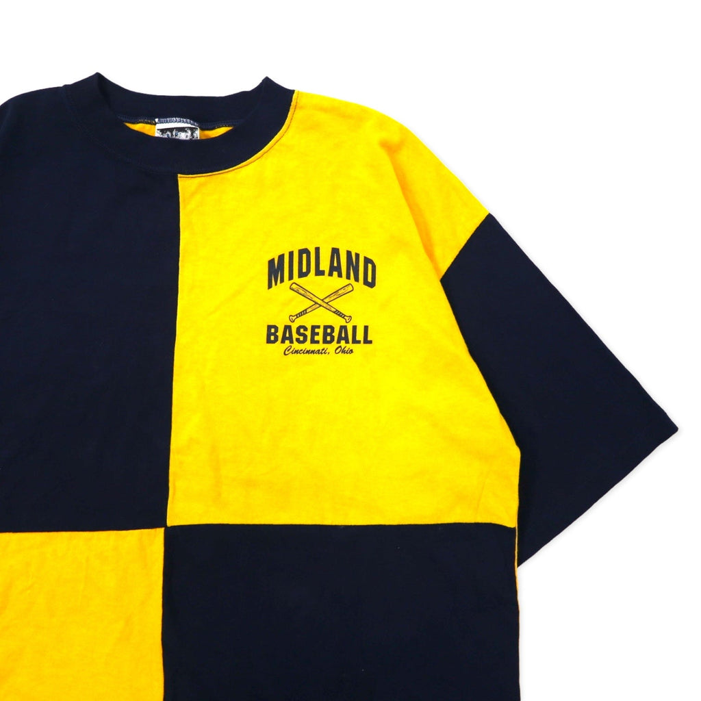 T-shirt con stampa da baseball WOLF, anni '90, Made in USA, XL, gialla e blu navy, cotone, MIDLAND BASEBALL, taglia grande