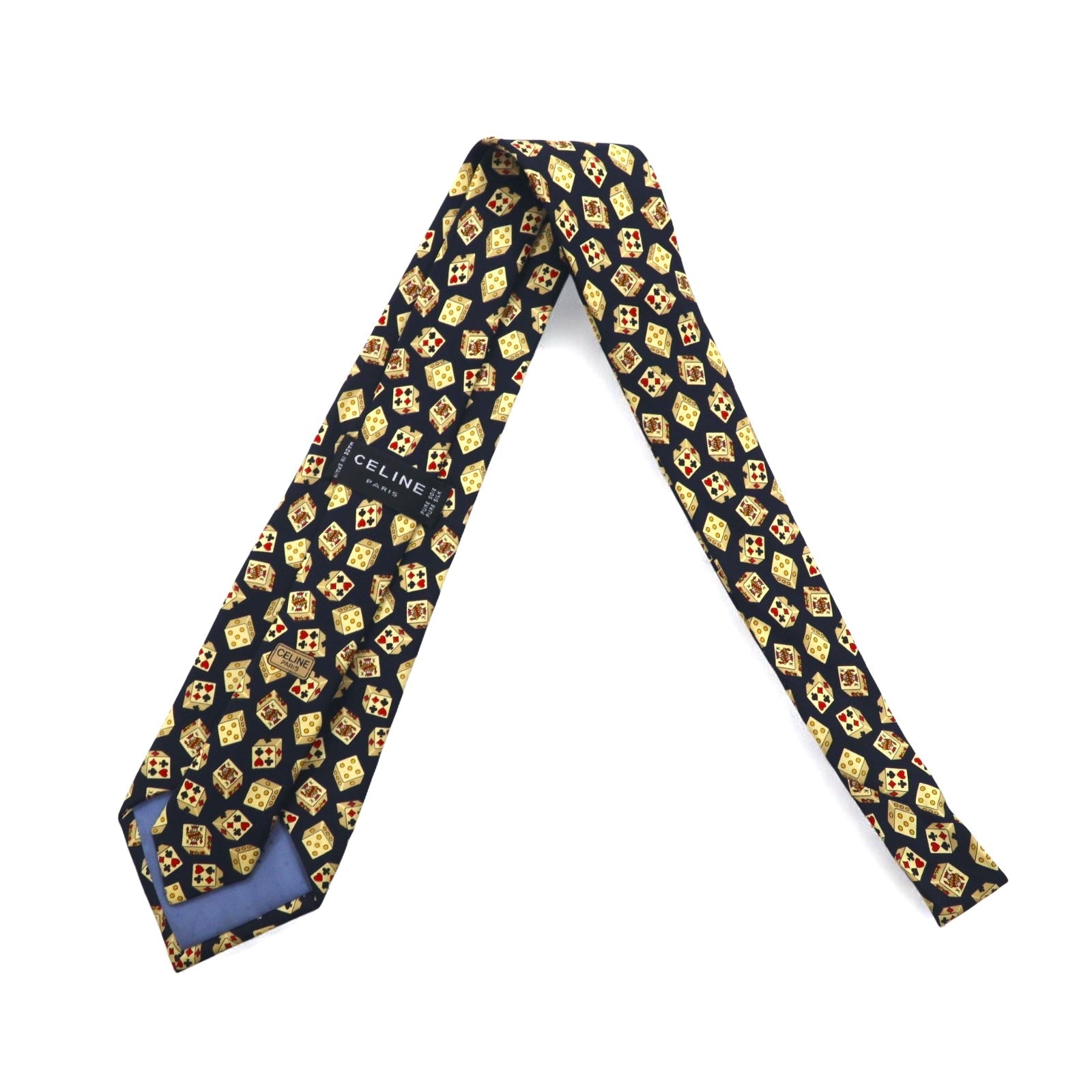 CELINE Cravatta blu navy in seta, motivo all-over, a carte e dadi, made in Spagna