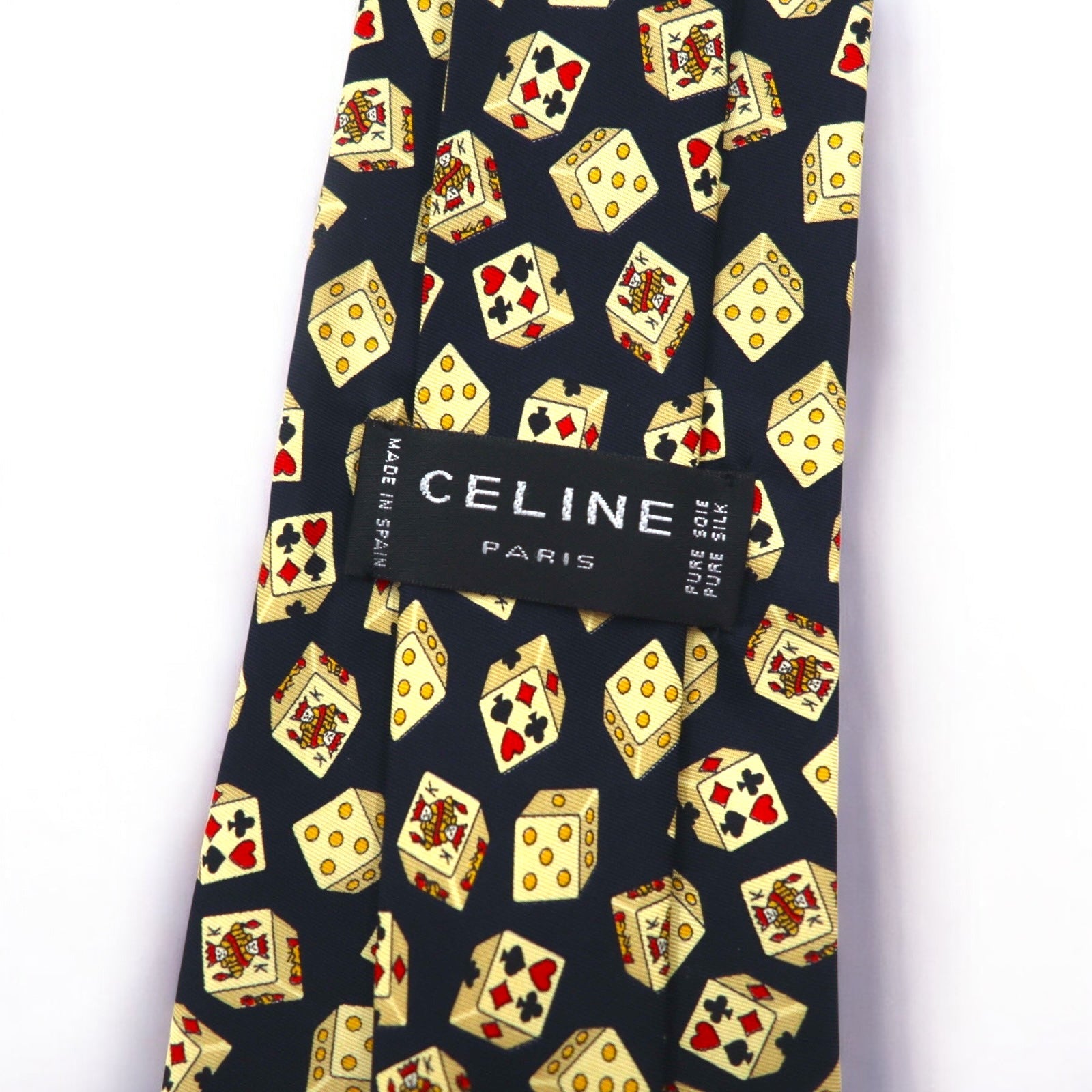 CELINE Cravatta blu navy in seta, motivo all-over, a carte e dadi, made in Spagna