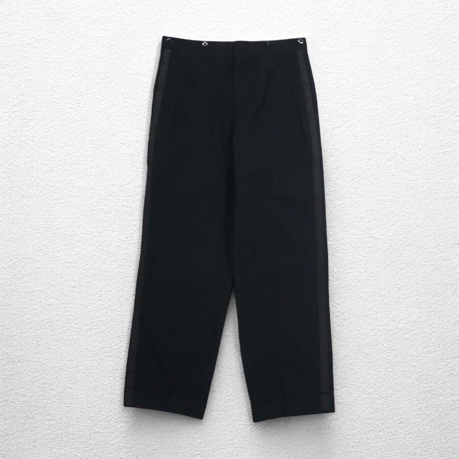 Pantaloni vintage anni '50 con banda laterale, taglia L, neri, cerniera CONMAR, bottoni per bretelle
