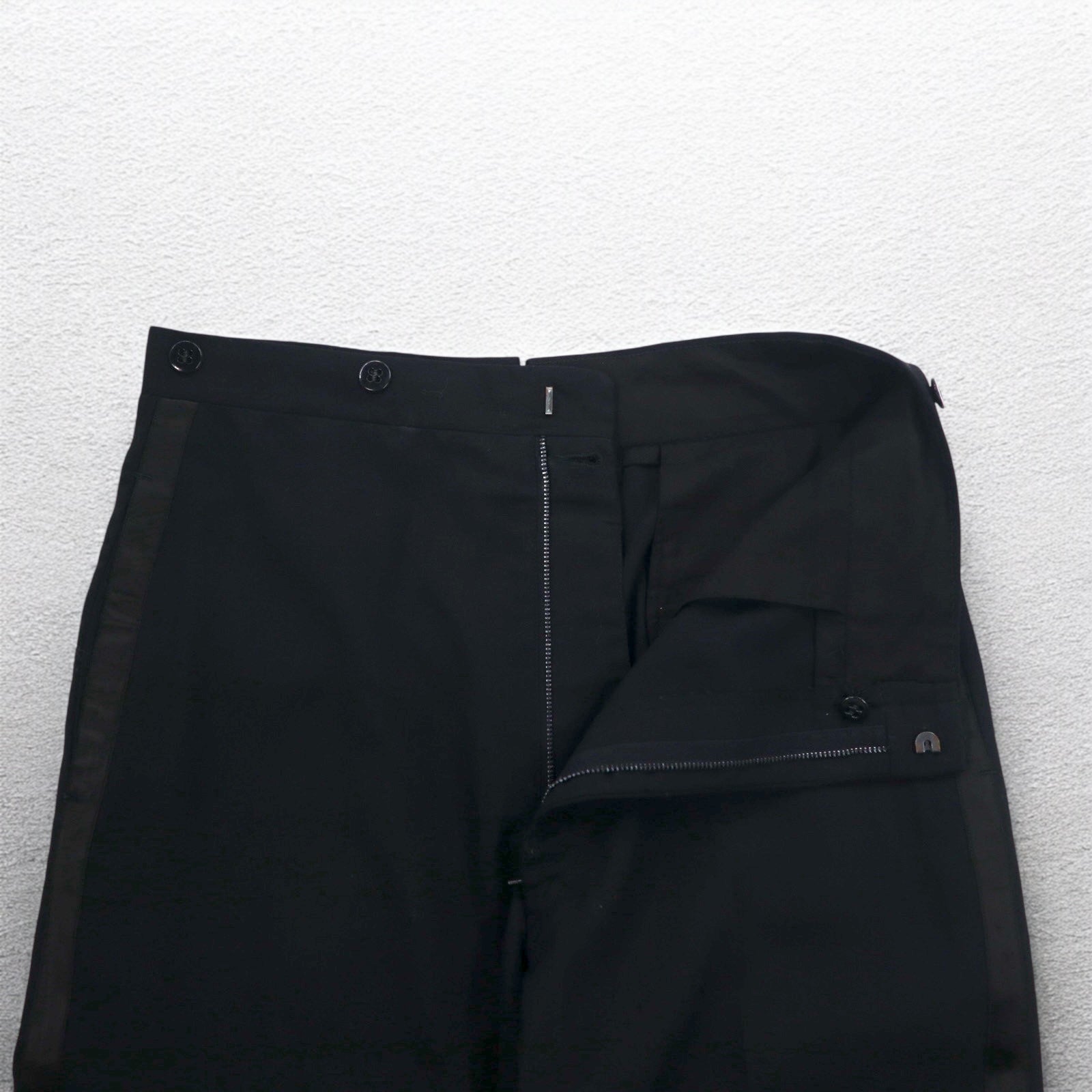 Pantaloni vintage anni '50 con banda laterale, taglia L, neri, cerniera CONMAR, bottoni per bretelle