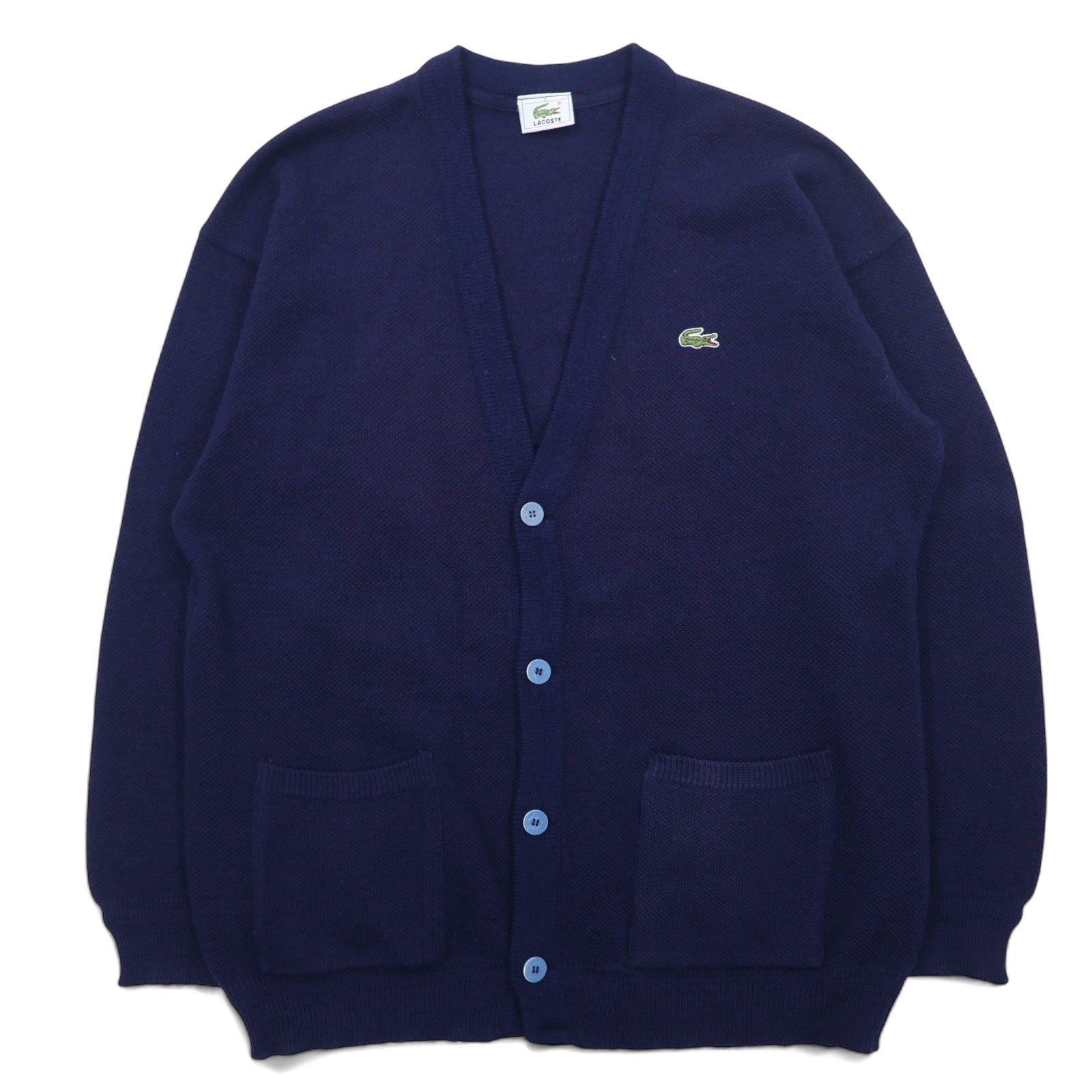 LACOSTE Maglione Cardigan anni '80 XL Blu Navy Lana Logo Ricamato