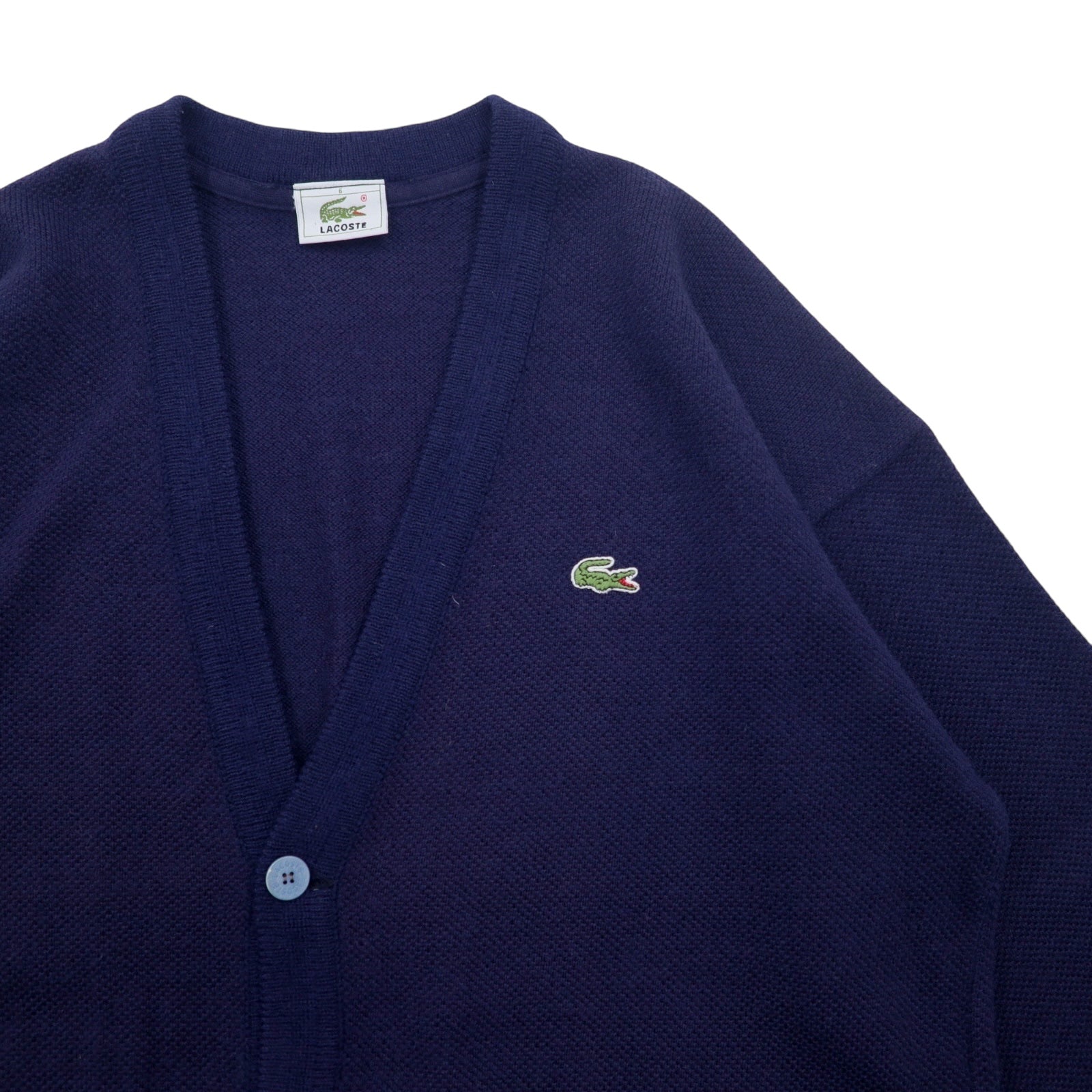 LACOSTE Maglione Cardigan anni '80 XL Blu Navy Lana Logo Ricamato
