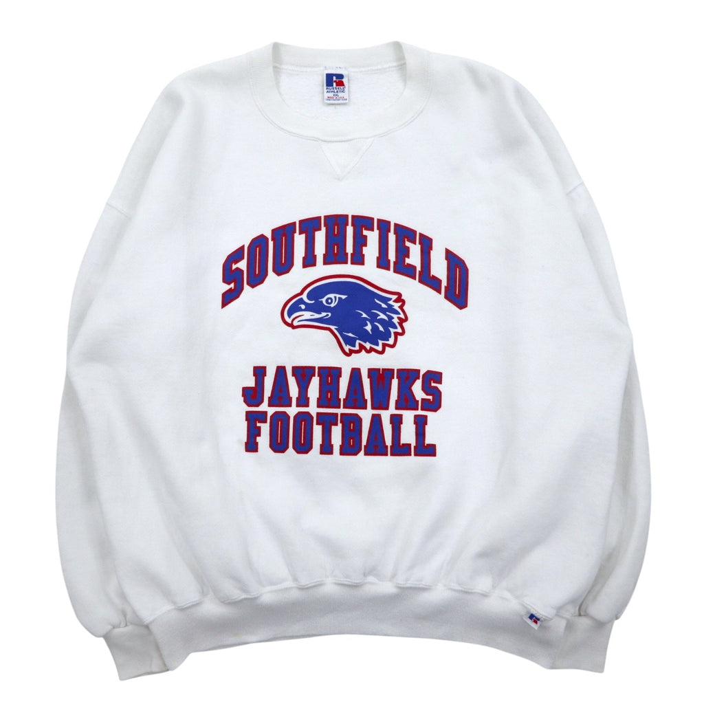 Felpa stampata RUSSELL ATHLETIC anni '90, made in USA, taglia XXL, colore bianco, cotone, interno felpato, con logo ad arco SOUTHFIELD JAYHAWKS FOOTBALL