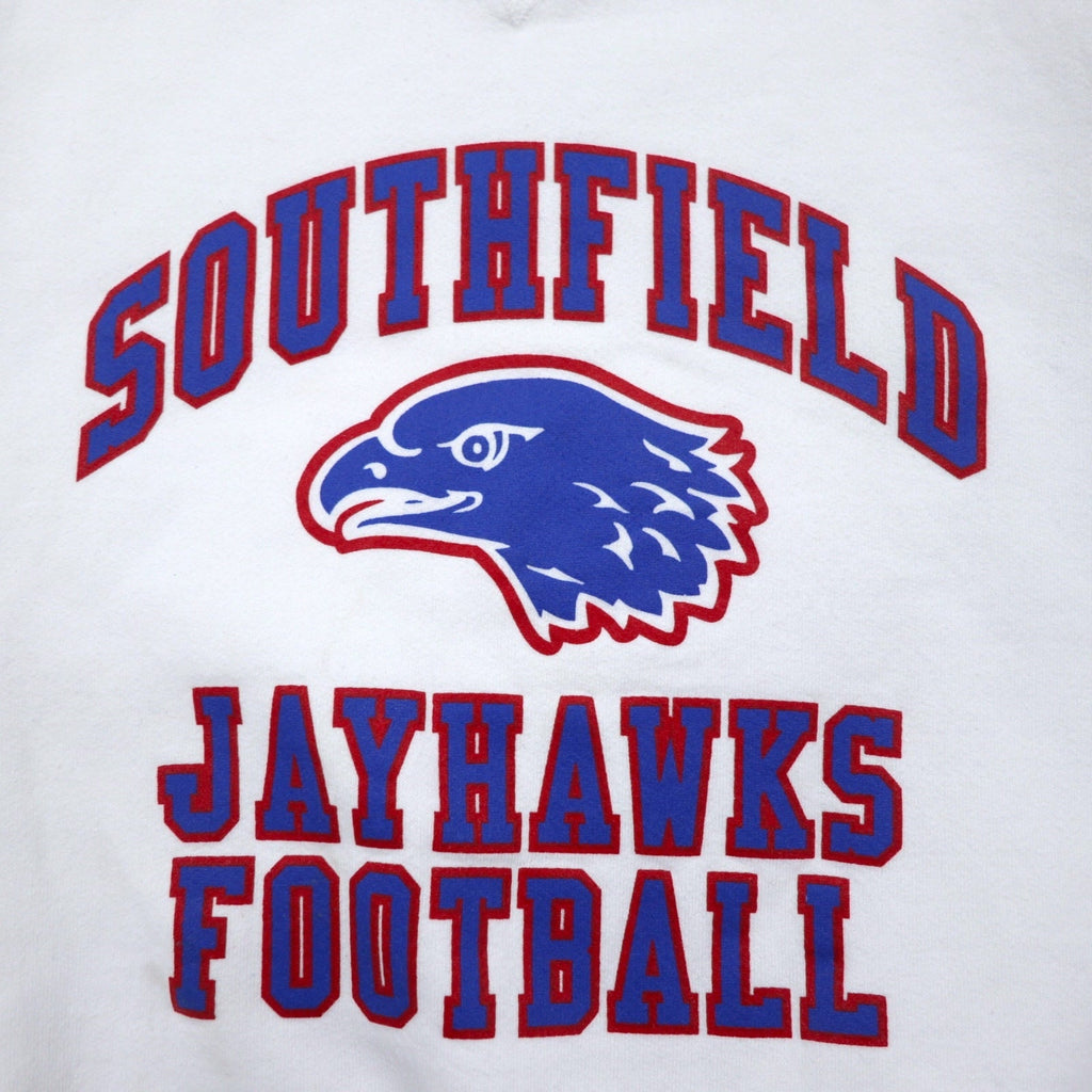 Felpa stampata RUSSELL ATHLETIC anni '90, made in USA, taglia XXL, colore bianco, cotone, interno felpato, con logo ad arco SOUTHFIELD JAYHAWKS FOOTBALL