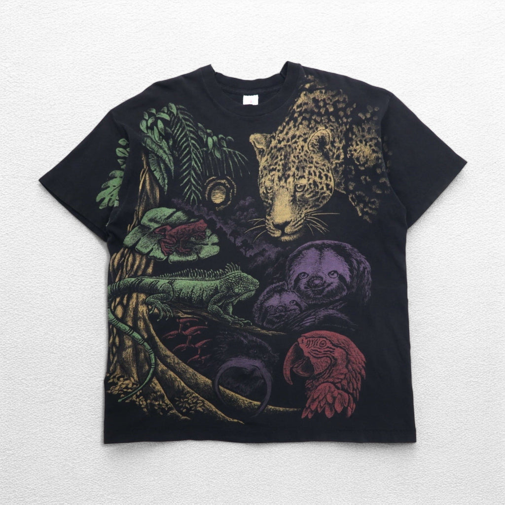 Maglietta animalier a fantasia totale, 2XL, nera, cotone, cuciture singole, anni '80, FRUIT OF THE LOOM, prodotta negli USA