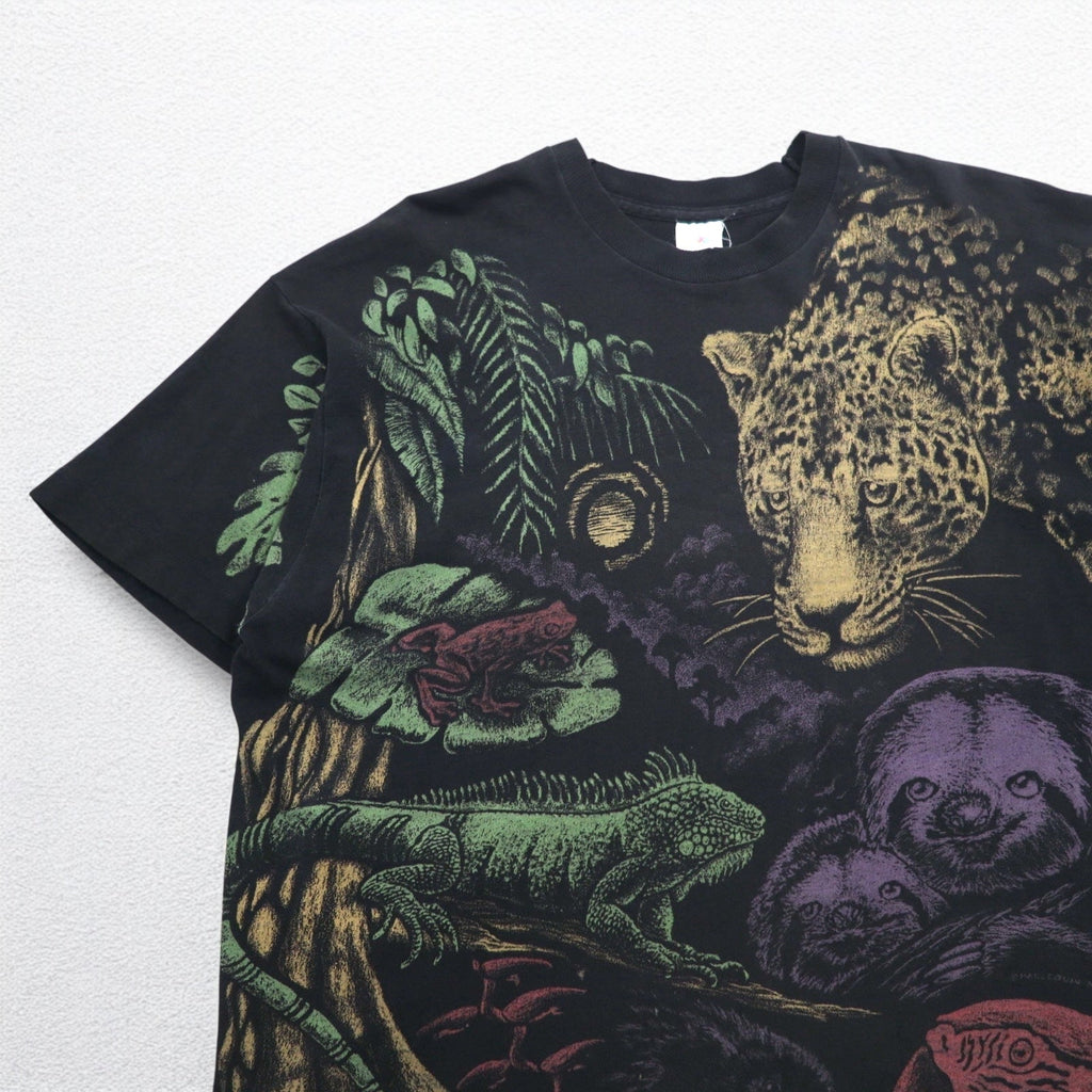 Maglietta animalier a fantasia totale, 2XL, nera, cotone, cuciture singole, anni '80, FRUIT OF THE LOOM, prodotta negli USA