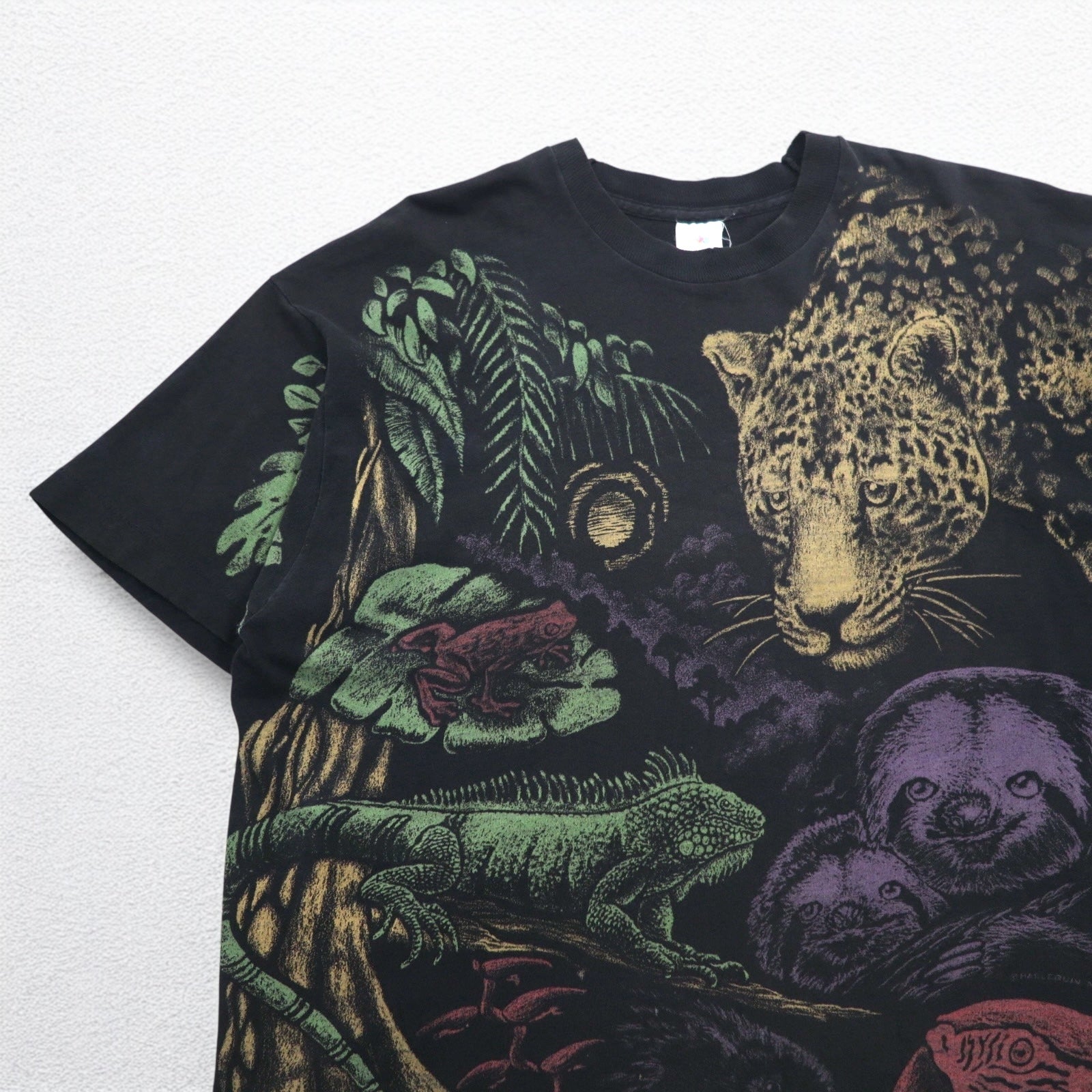 Maglietta animalier a fantasia totale, 2XL, nera, cotone, cuciture singole, anni '80, FRUIT OF THE LOOM, prodotta negli USA