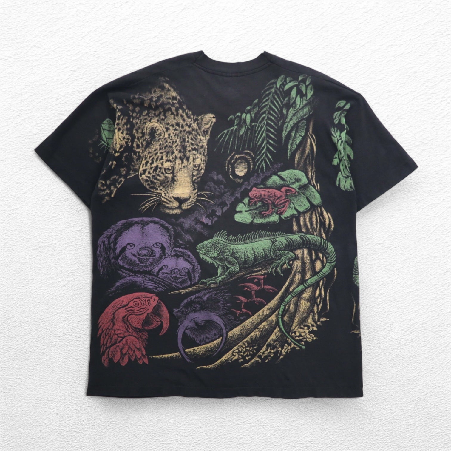 Maglietta animalier a fantasia totale, 2XL, nera, cotone, cuciture singole, anni '80, FRUIT OF THE LOOM, prodotta negli USA