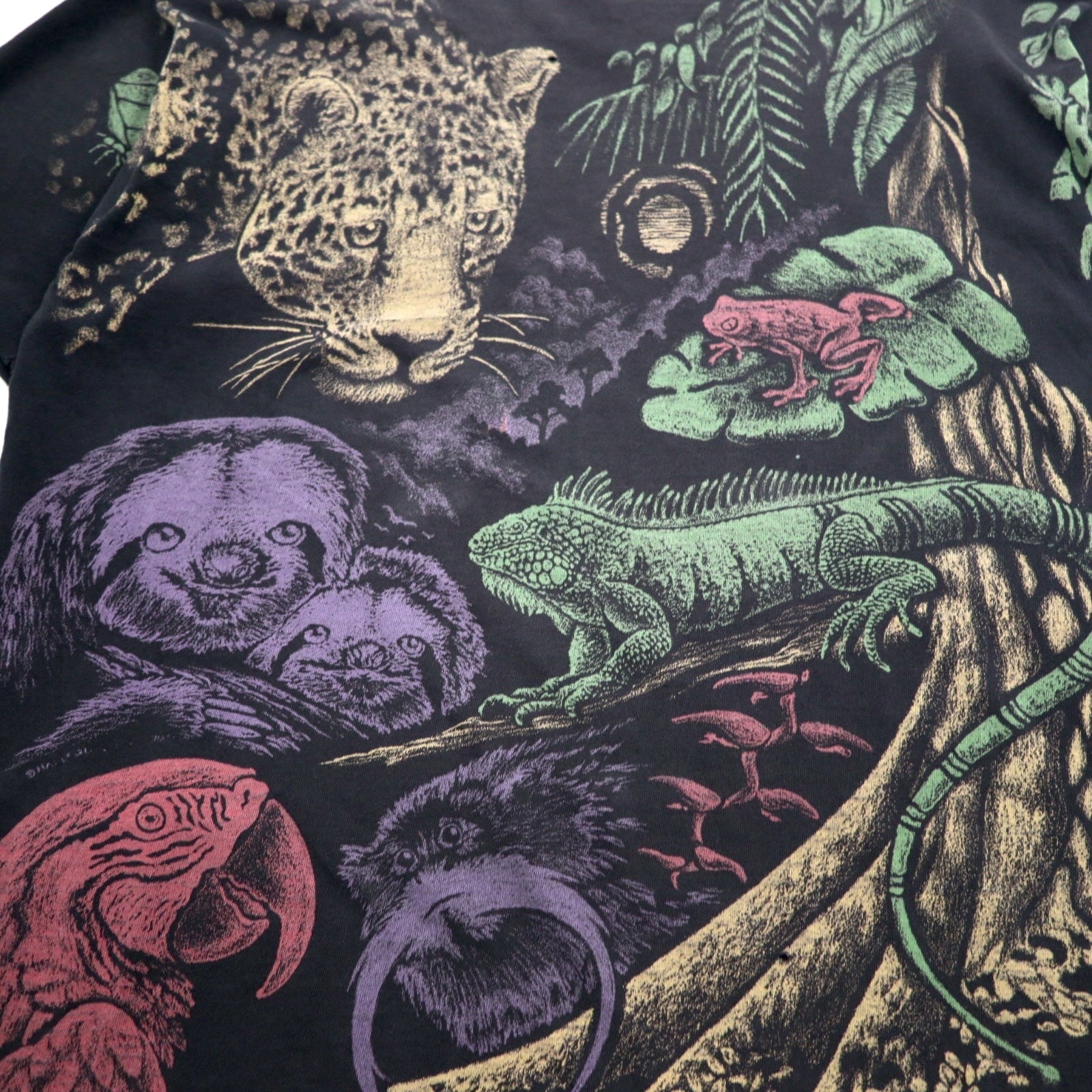 Maglietta animalier a fantasia totale, 2XL, nera, cotone, cuciture singole, anni '80, FRUIT OF THE LOOM, prodotta negli USA