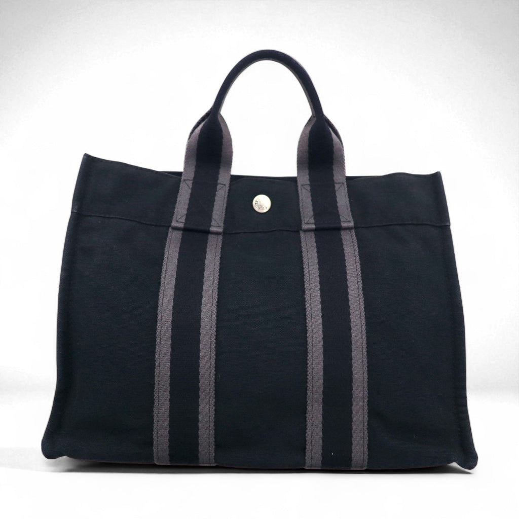 HERMES フールトゥ PM トートバッグ ハンドバッグ ブラック コットン キャンバス フランス製