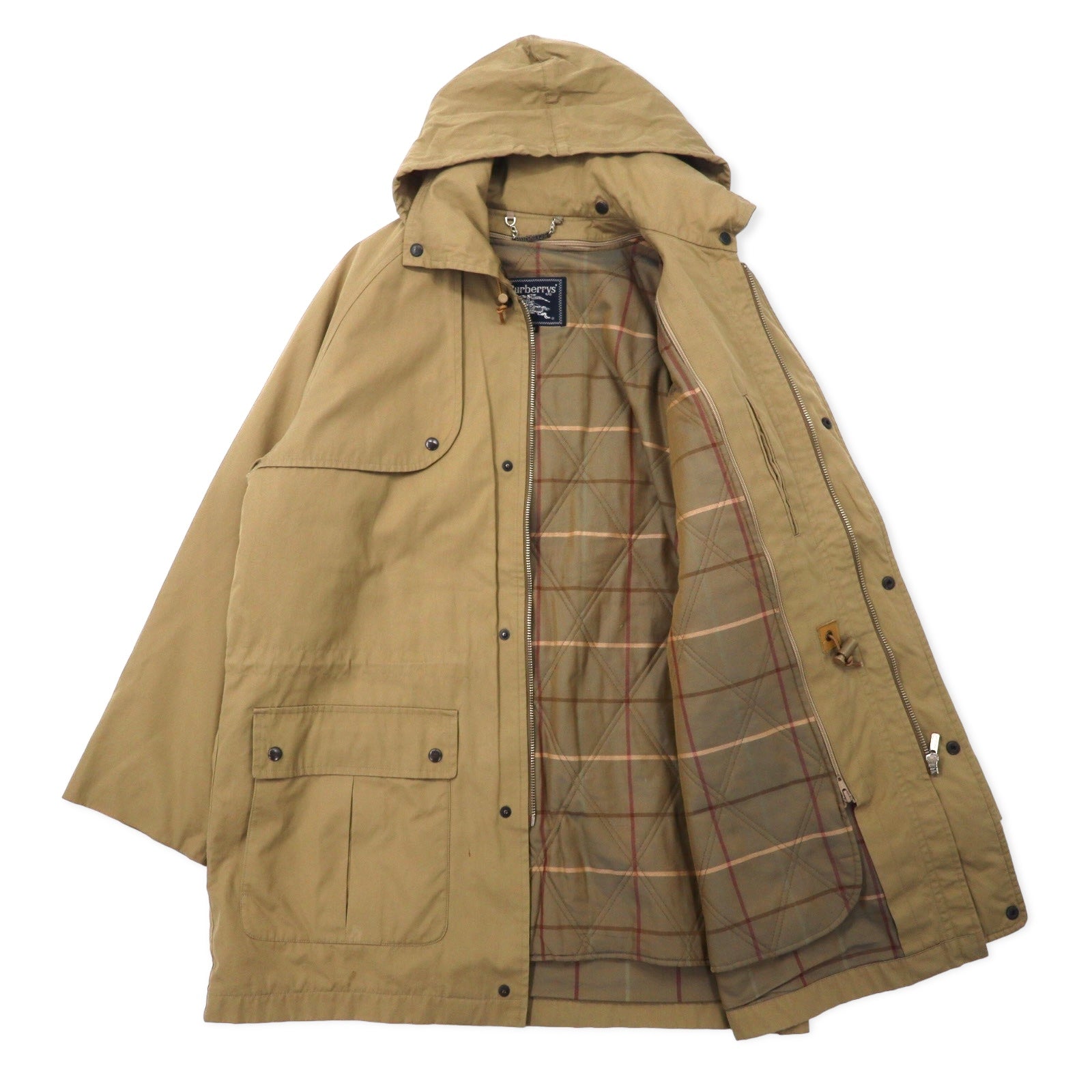 Burberrys Old Hunting Jacket M Beige Cotton Coulisse Fodera a quadretti rimovibile Cappuccio a scomparsa