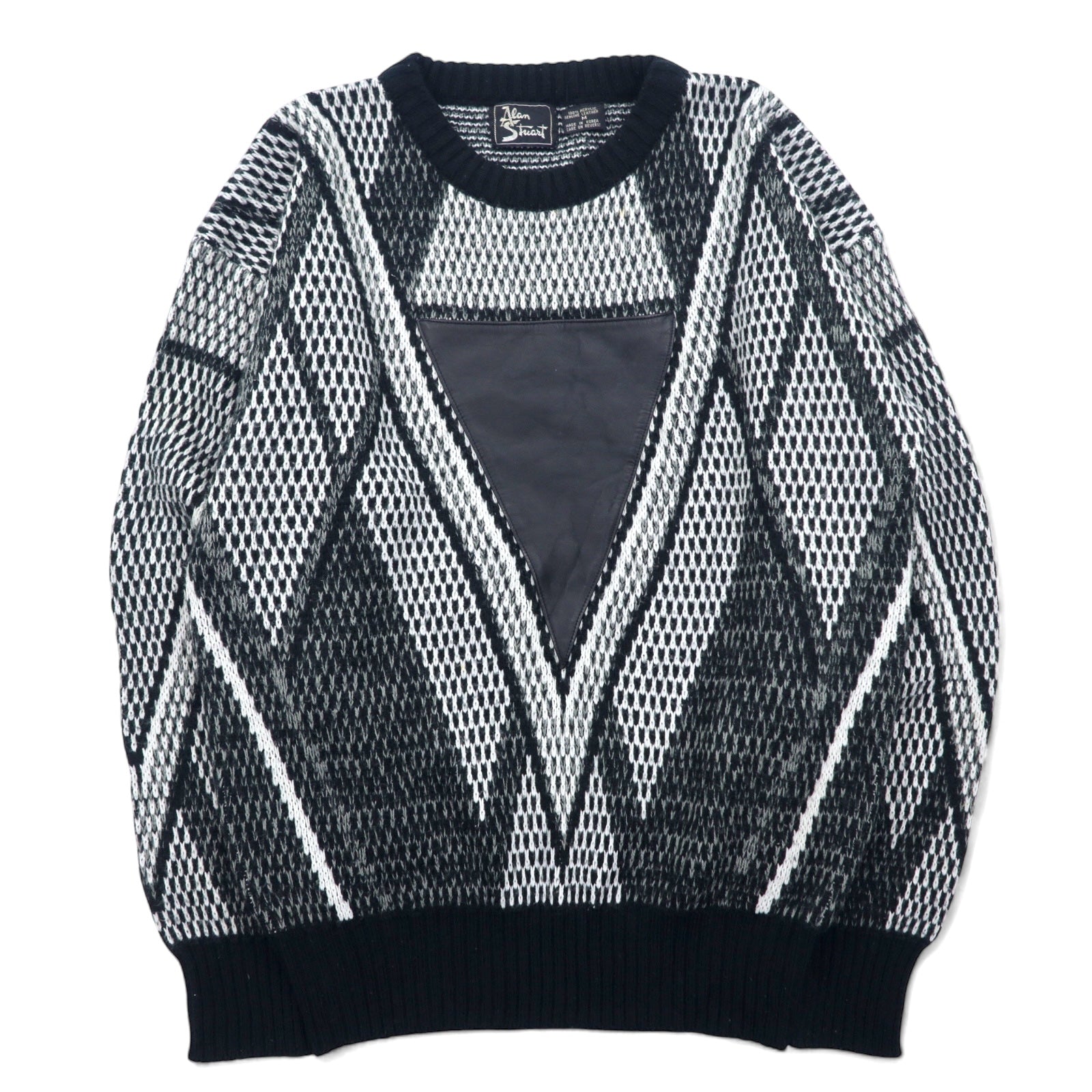 Maglione anni '90 Alan Stuart fantasia all-over M nero grigio acrilico fantasia geometrica inserti in pelle