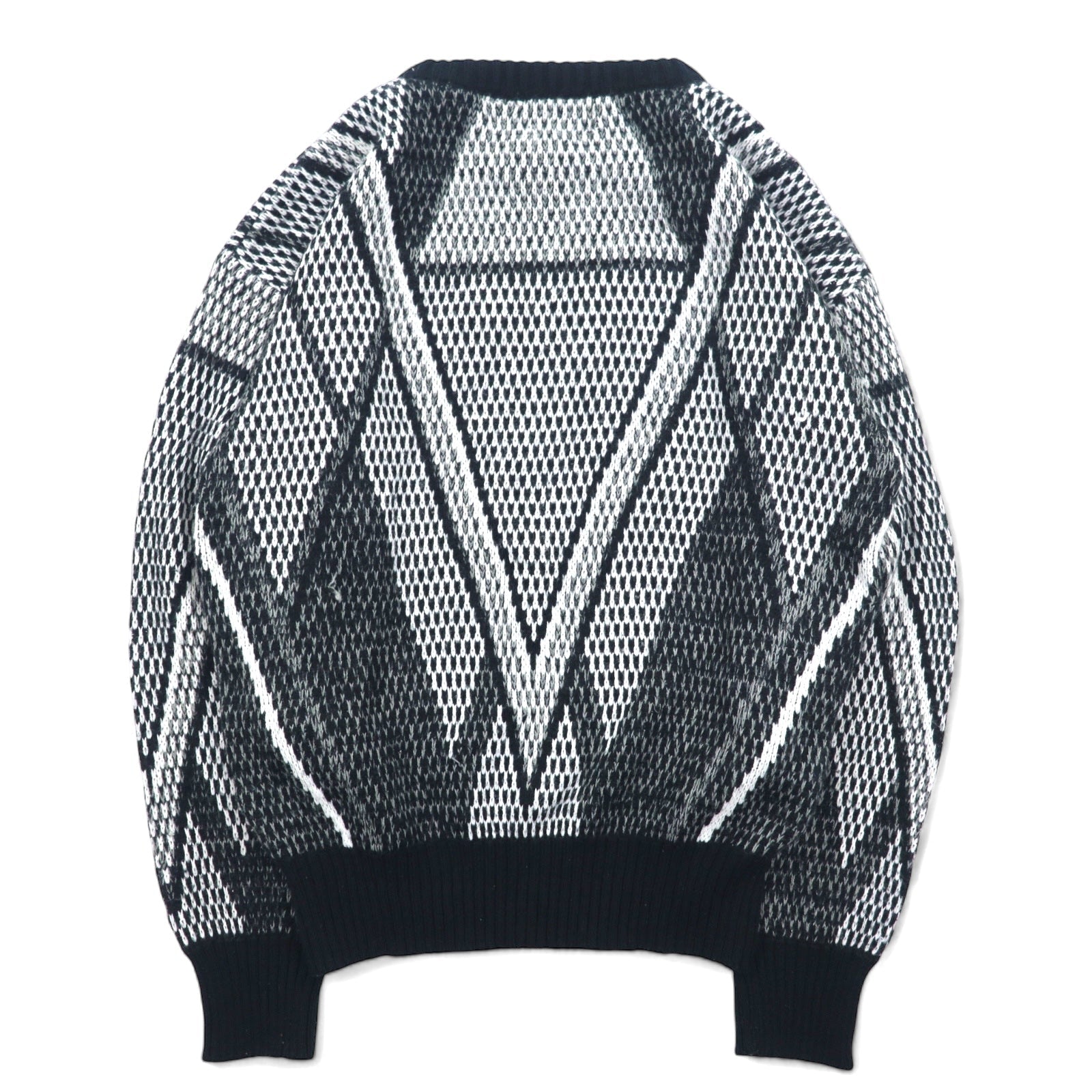 Maglione anni '90 Alan Stuart fantasia all-over M nero grigio acrilico fantasia geometrica inserti in pelle