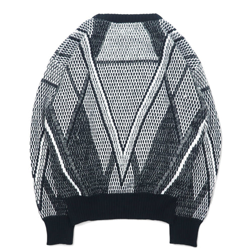 Maglione anni '90 Alan Stuart fantasia all-over M nero grigio acrilico fantasia geometrica inserti in pelle