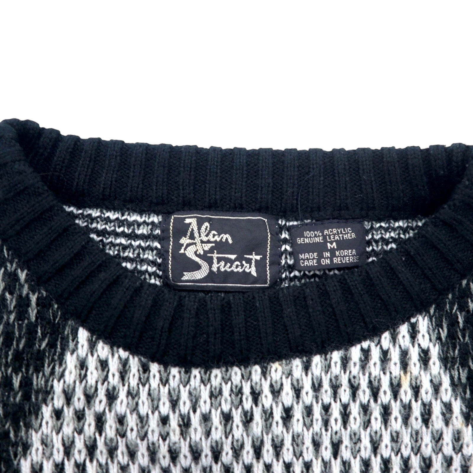 Maglione anni '90 Alan Stuart fantasia all-over M nero grigio acrilico fantasia geometrica inserti in pelle