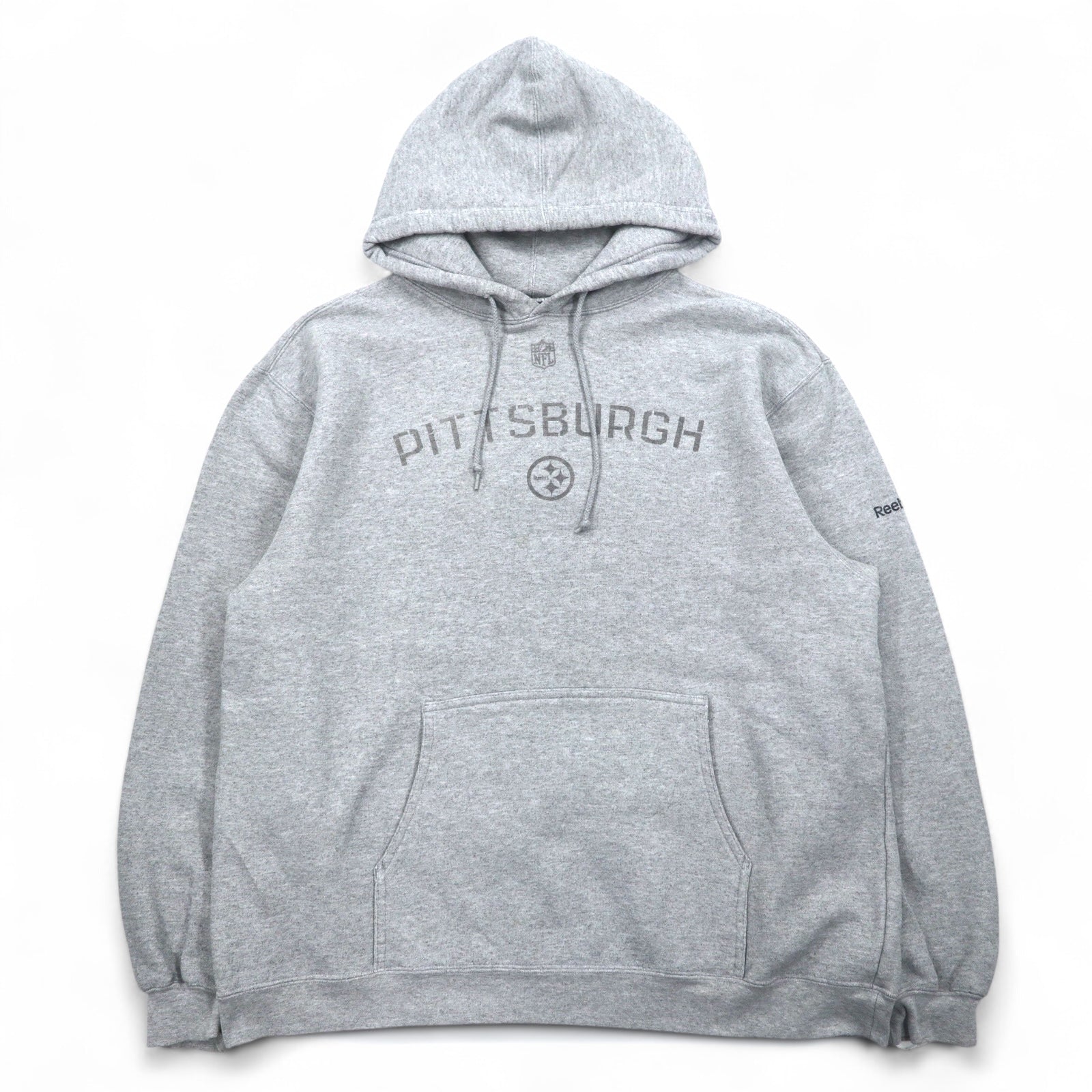 Reebok Felpa con cappuccio pesante pullover L grigia, interno felpato, tasca frontale NFL PITTSBURGH