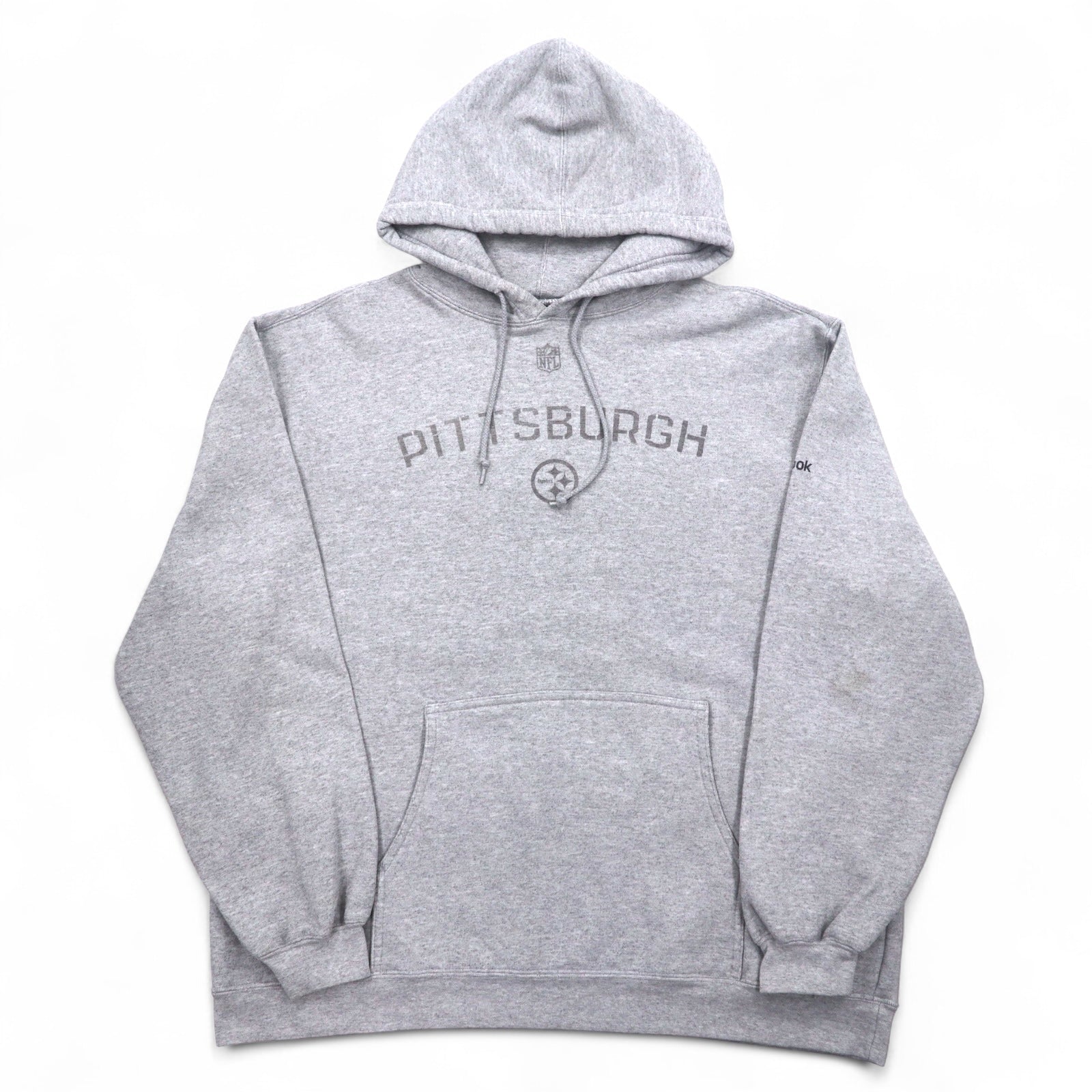 Reebok Felpa con cappuccio pesante pullover L grigia, interno felpato, tasca frontale NFL PITTSBURGH