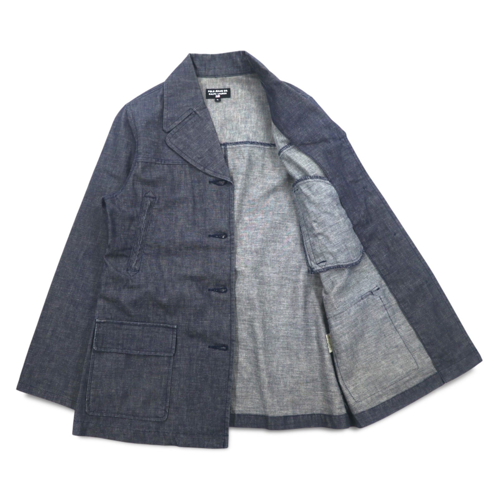 POLO JEANS CO. RALPH LAUREN Anni '90 Cappotto marinaro in denim Salopette L Indaco Blu