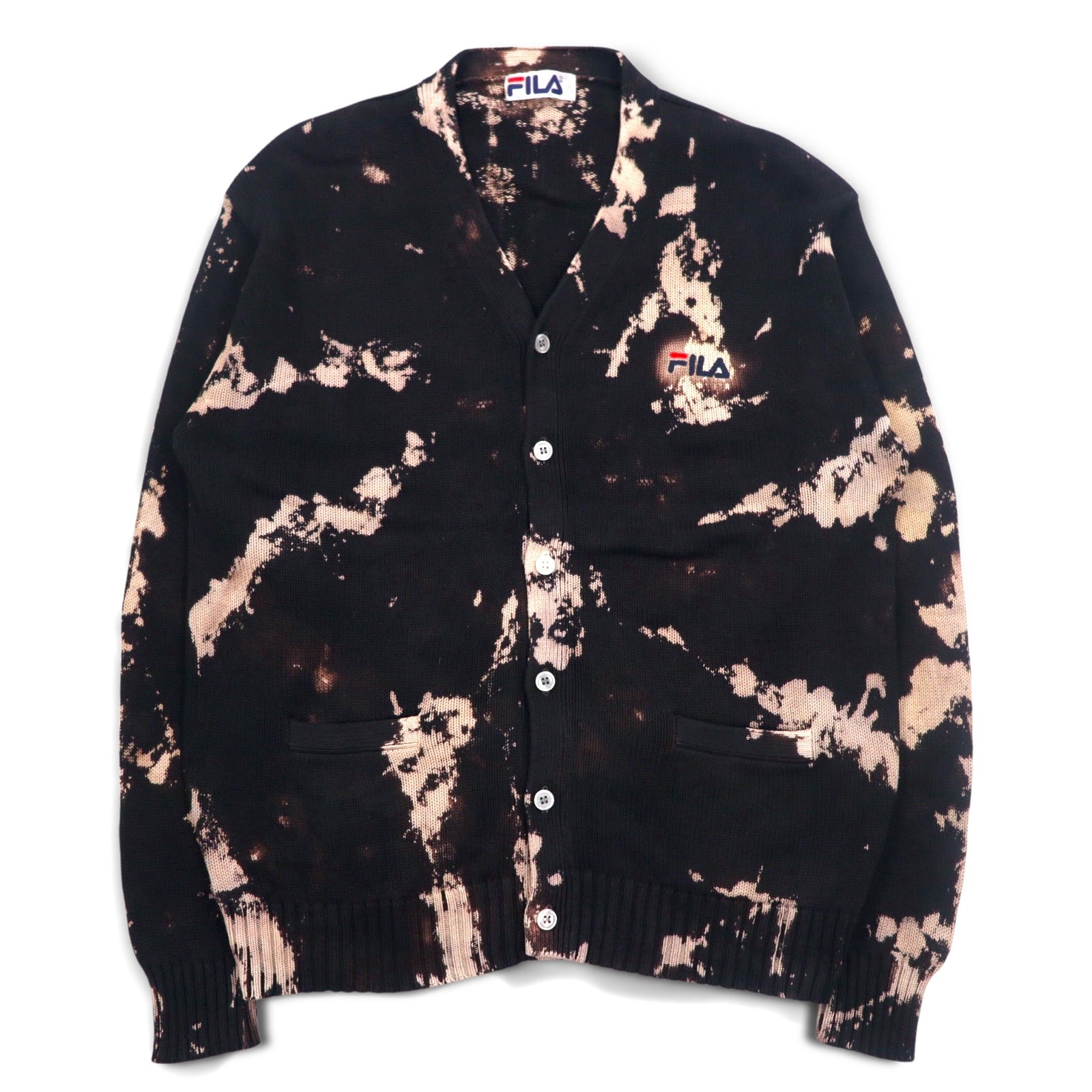 FILA anni '90 Cardigan in maglia di cotone tie-dye L Nero con sbiancamento e logo ricamato