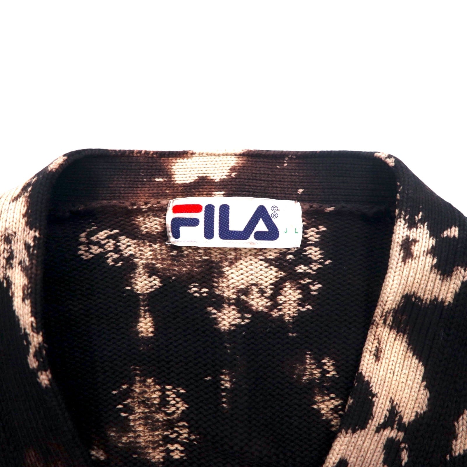 FILA anni '90 Cardigan in maglia di cotone tie-dye L Nero con sbiancamento e logo ricamato