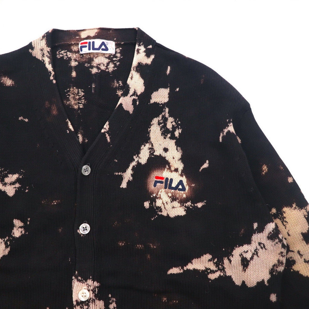 FILA anni '90 Cardigan in maglia di cotone tie-dye L Nero con sbiancamento e logo ricamato