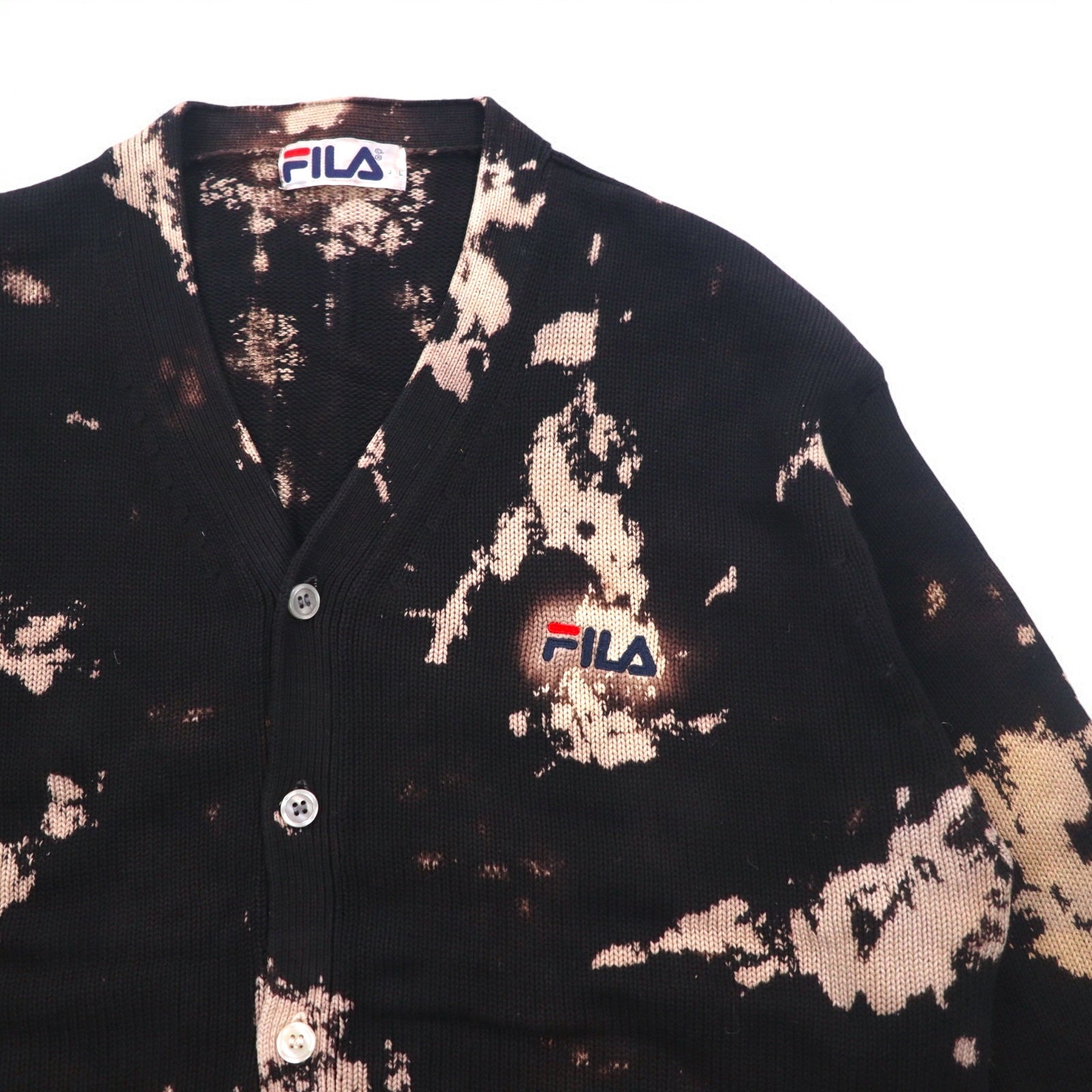 FILA anni '90 Cardigan in maglia di cotone tie-dye L Nero con sbiancamento e logo ricamato