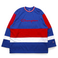 Champion anni '90 maglia da gioco tricolore taglia L blu, poliestere, logo ricamato, etichetta blu ricamata