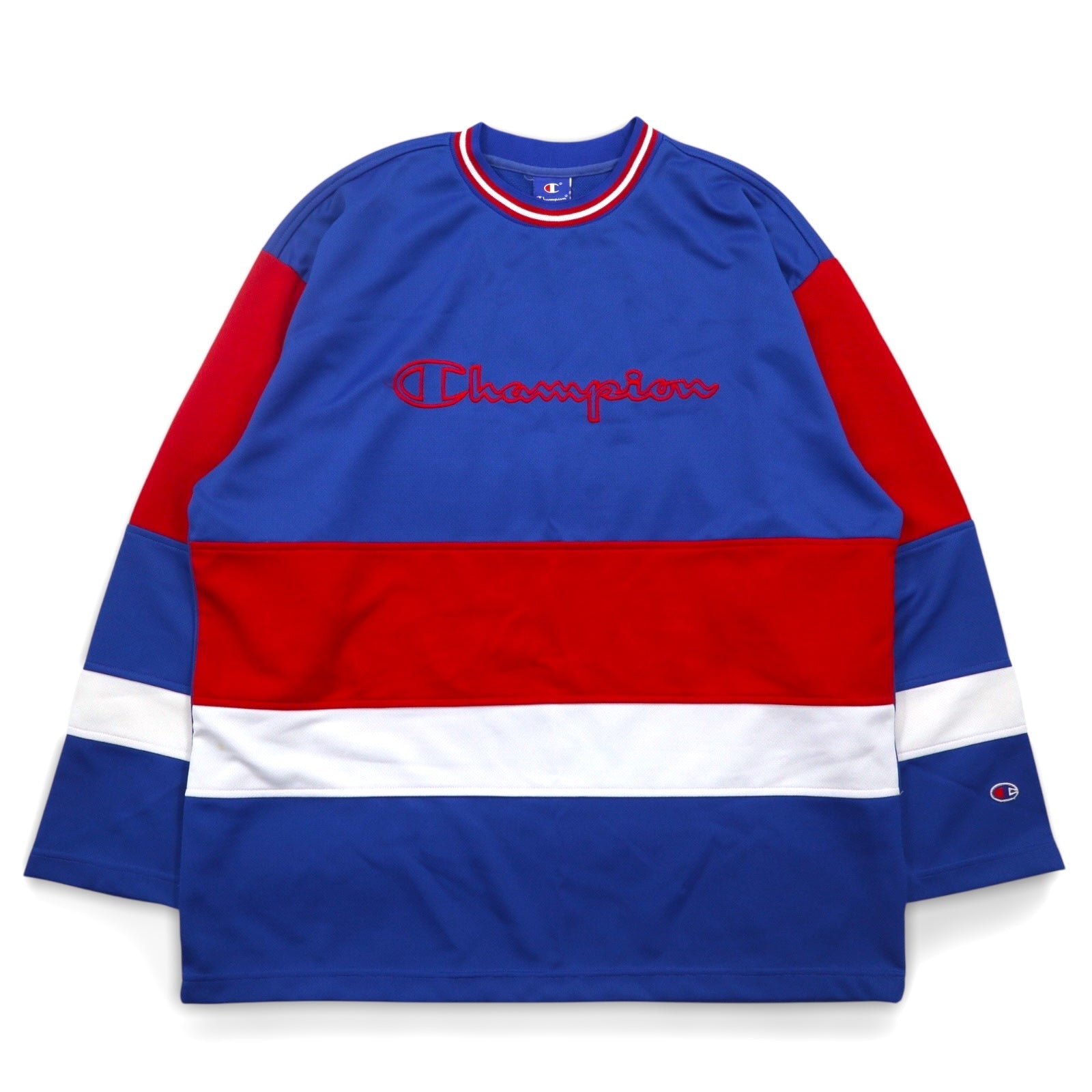 Champion anni '90 maglia da gioco tricolore taglia L blu, poliestere, logo ricamato, etichetta blu ricamata