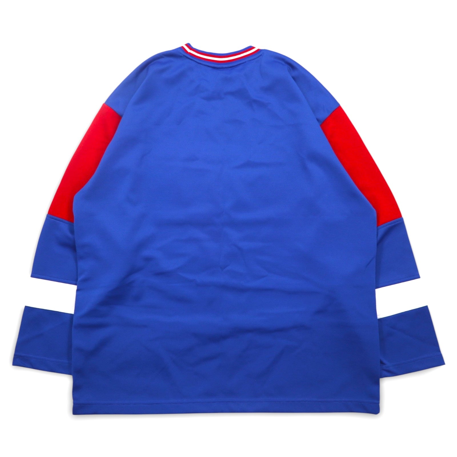 Champion anni '90 maglia da gioco tricolore taglia L blu, poliestere, logo ricamato, etichetta blu ricamata