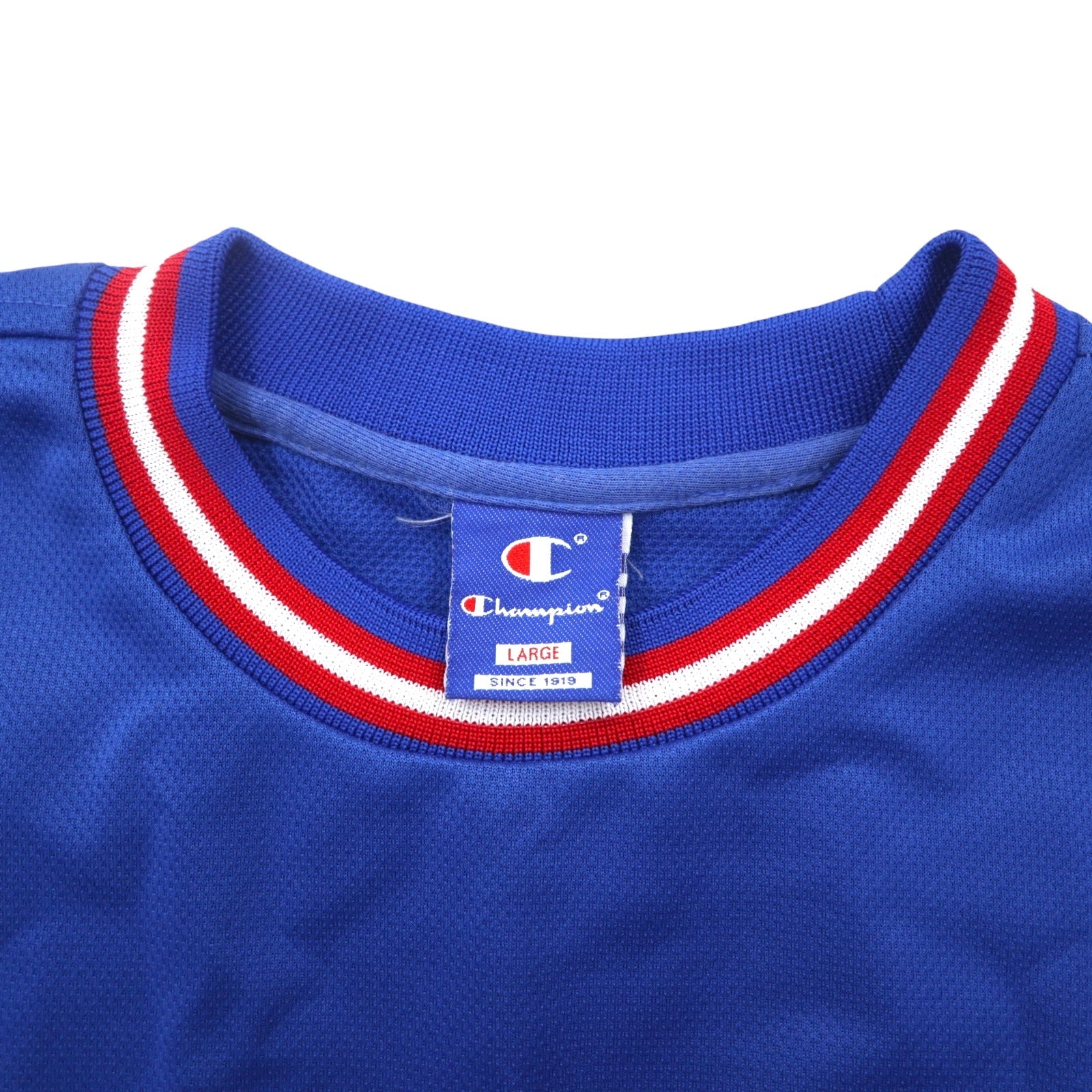 Champion anni '90 maglia da gioco tricolore taglia L blu, poliestere, logo ricamato, etichetta blu ricamata
