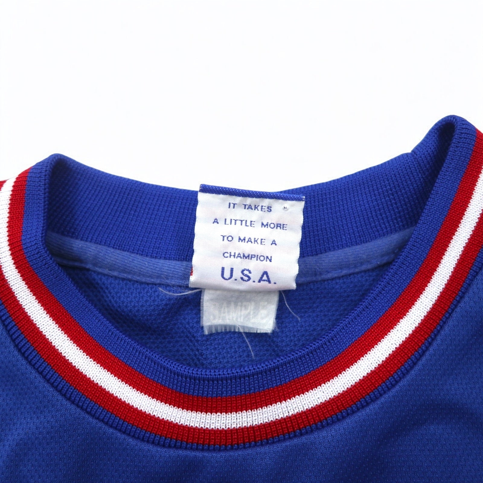 Champion anni '90 maglia da gioco tricolore taglia L blu, poliestere, logo ricamato, etichetta blu ricamata