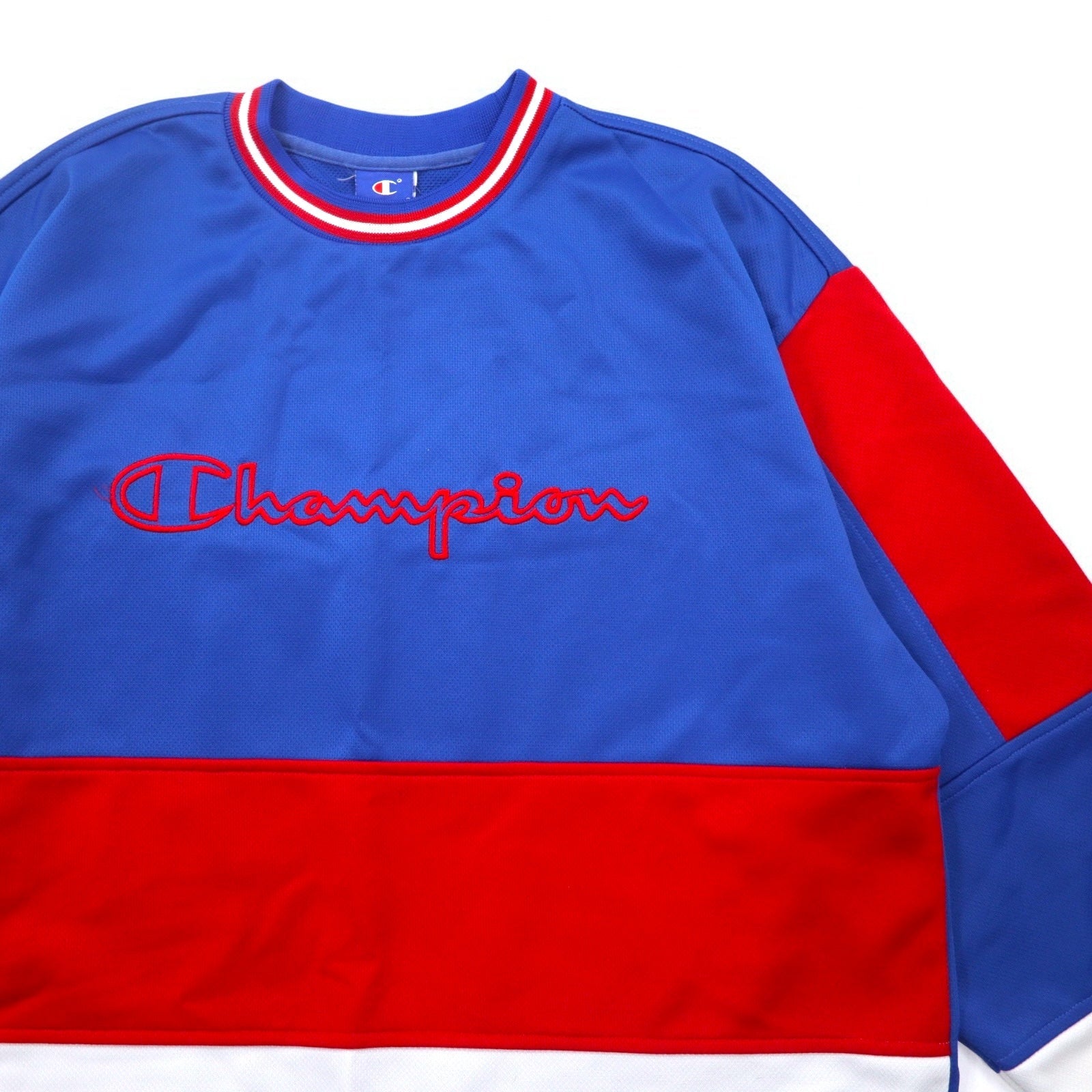 Champion anni '90 maglia da gioco tricolore taglia L blu, poliestere, logo ricamato, etichetta blu ricamata