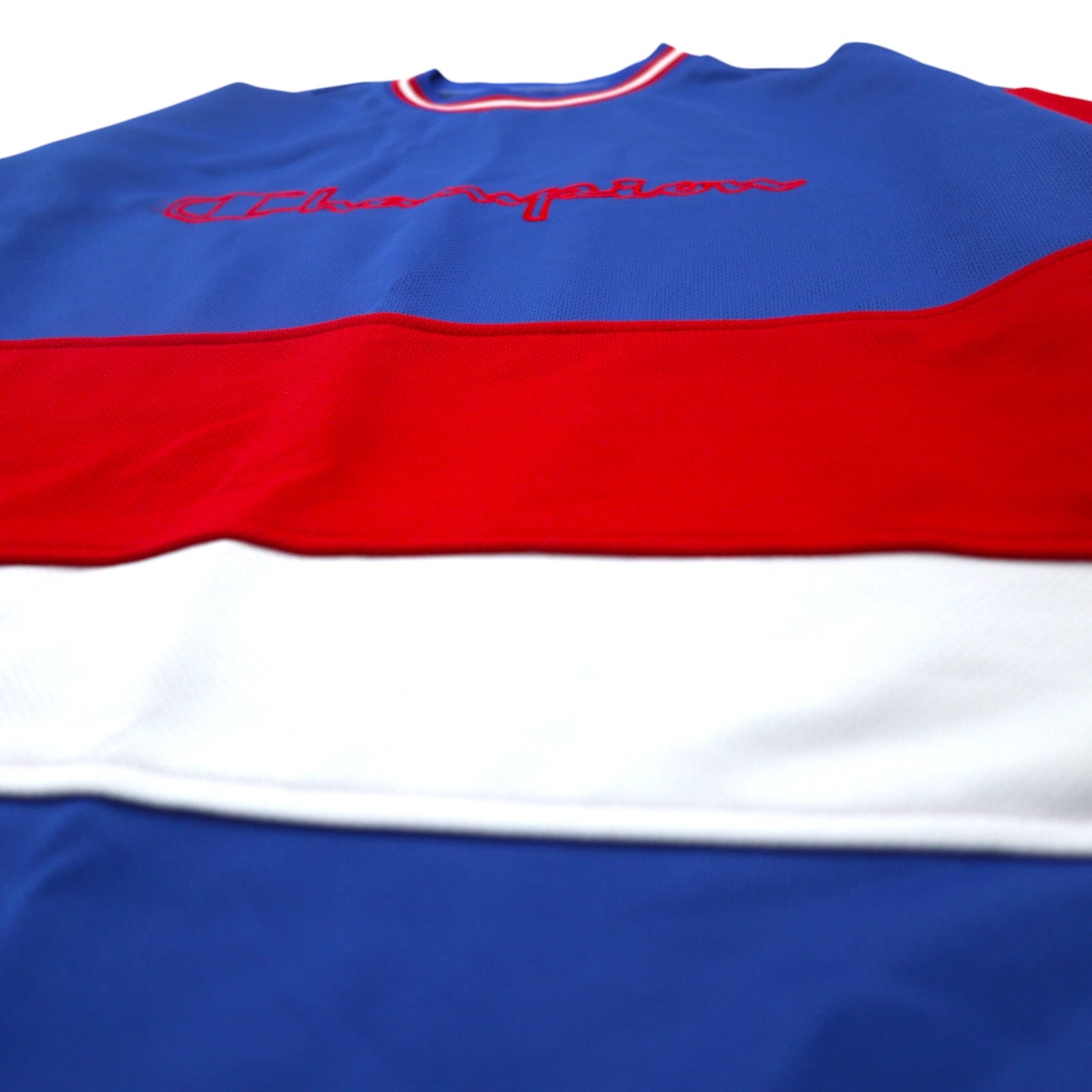 Champion anni '90 maglia da gioco tricolore taglia L blu, poliestere, logo ricamato, etichetta blu ricamata