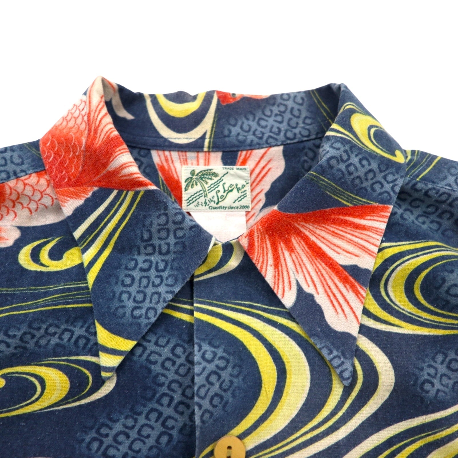 LALAKAI 長袖 オープンカラー アロハシャツ XL ネイビー シルク 和柄 金魚 HL015NLN