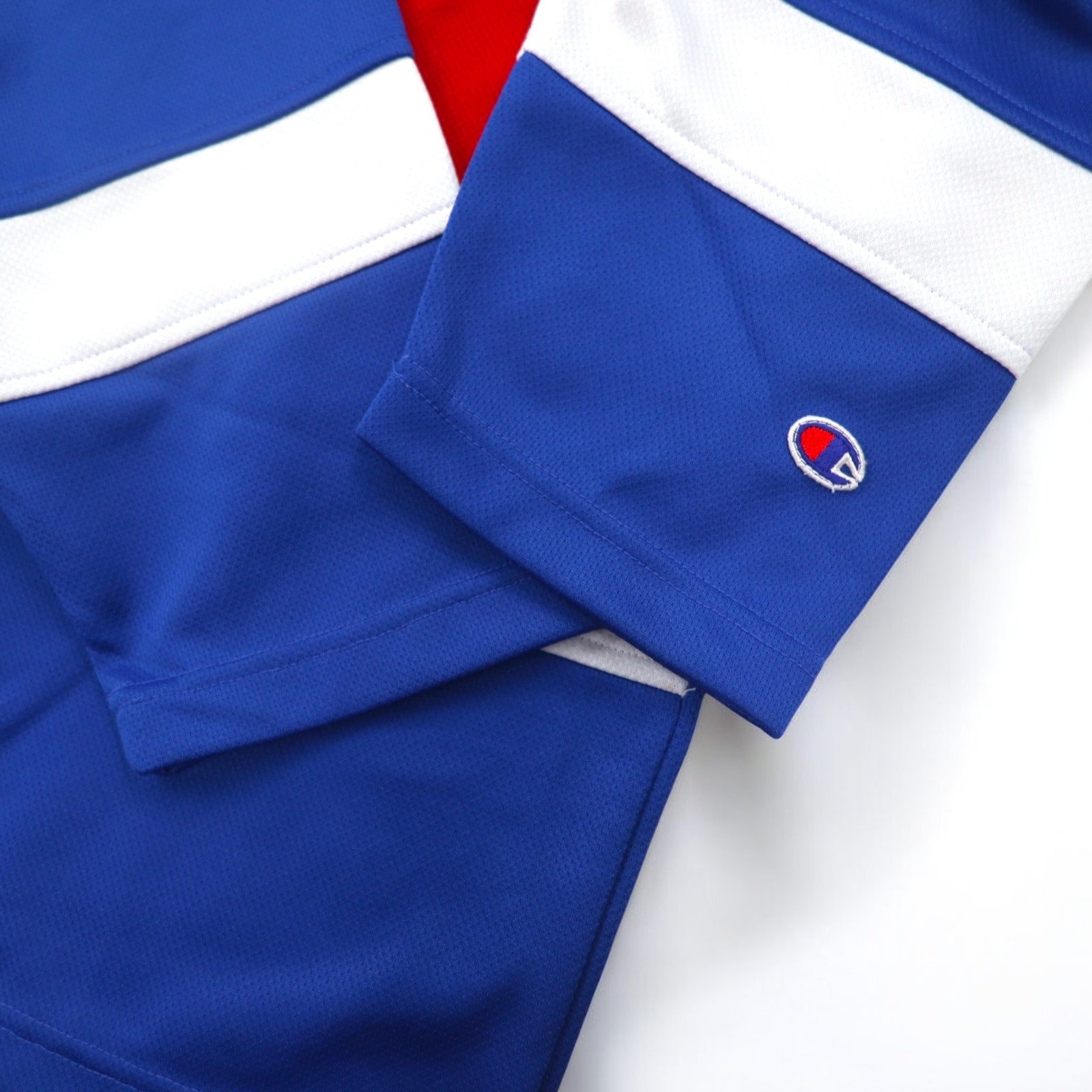 Champion anni '90 maglia da gioco tricolore taglia L blu, poliestere, logo ricamato, etichetta blu ricamata